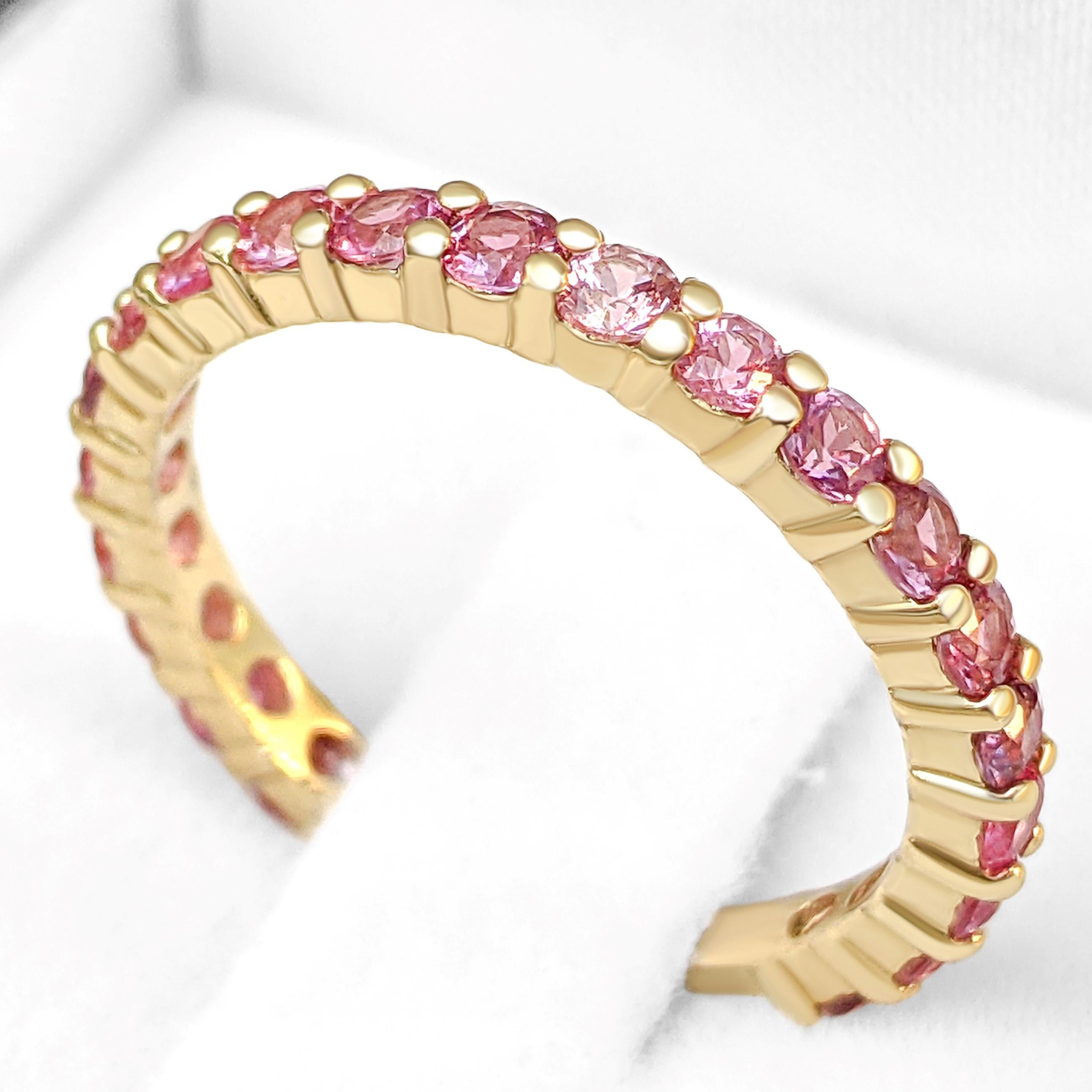 This ring is definitely a show stopper and will draw attention wherever you go! A great gift for yourself or your loved one - a heirloom piece to treasure forever!

Center Natural Sapphire:
Weight: 1.20 ct, 21 stones
Color: Pink
Shape: Round