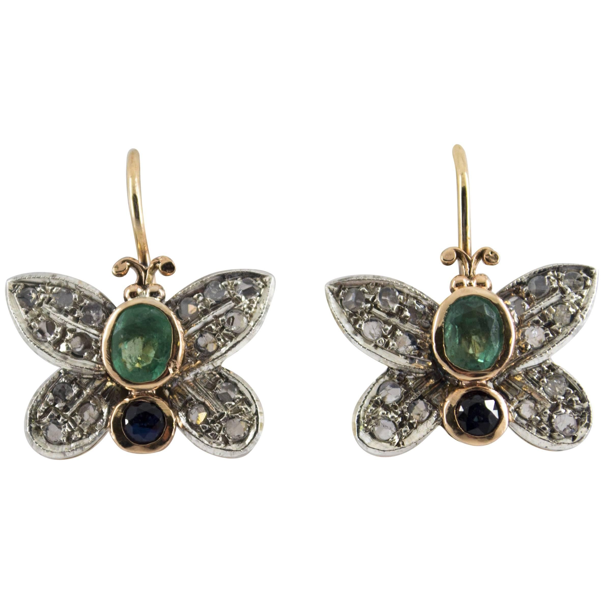 1.20 Carat Sapphire Emerald Diamond Yellow Gold "Butterfly" Earrings