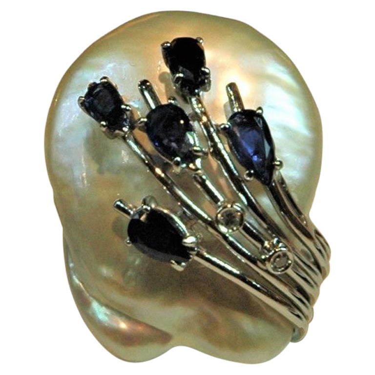 1.20 Carat Sapphire Little Diamonds Flat White Pearl White Gold Cocktail Ring