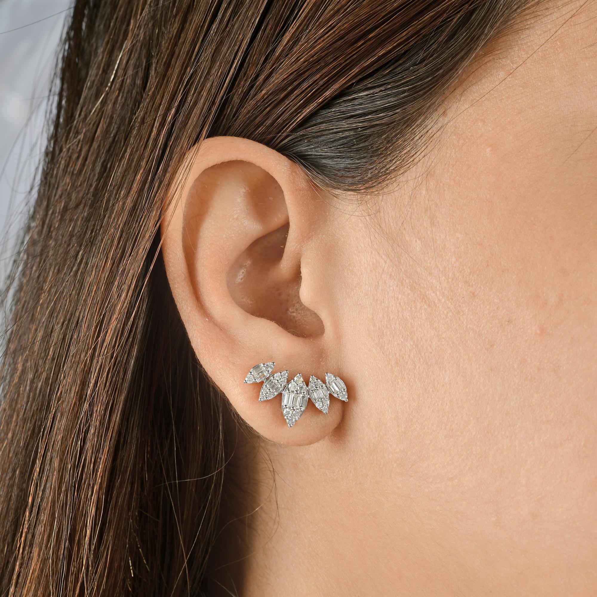 Mixed Cut 1.20 Carat SI Clarity HI Color Baguette Round Diamond Earings 18K White Gold For Sale