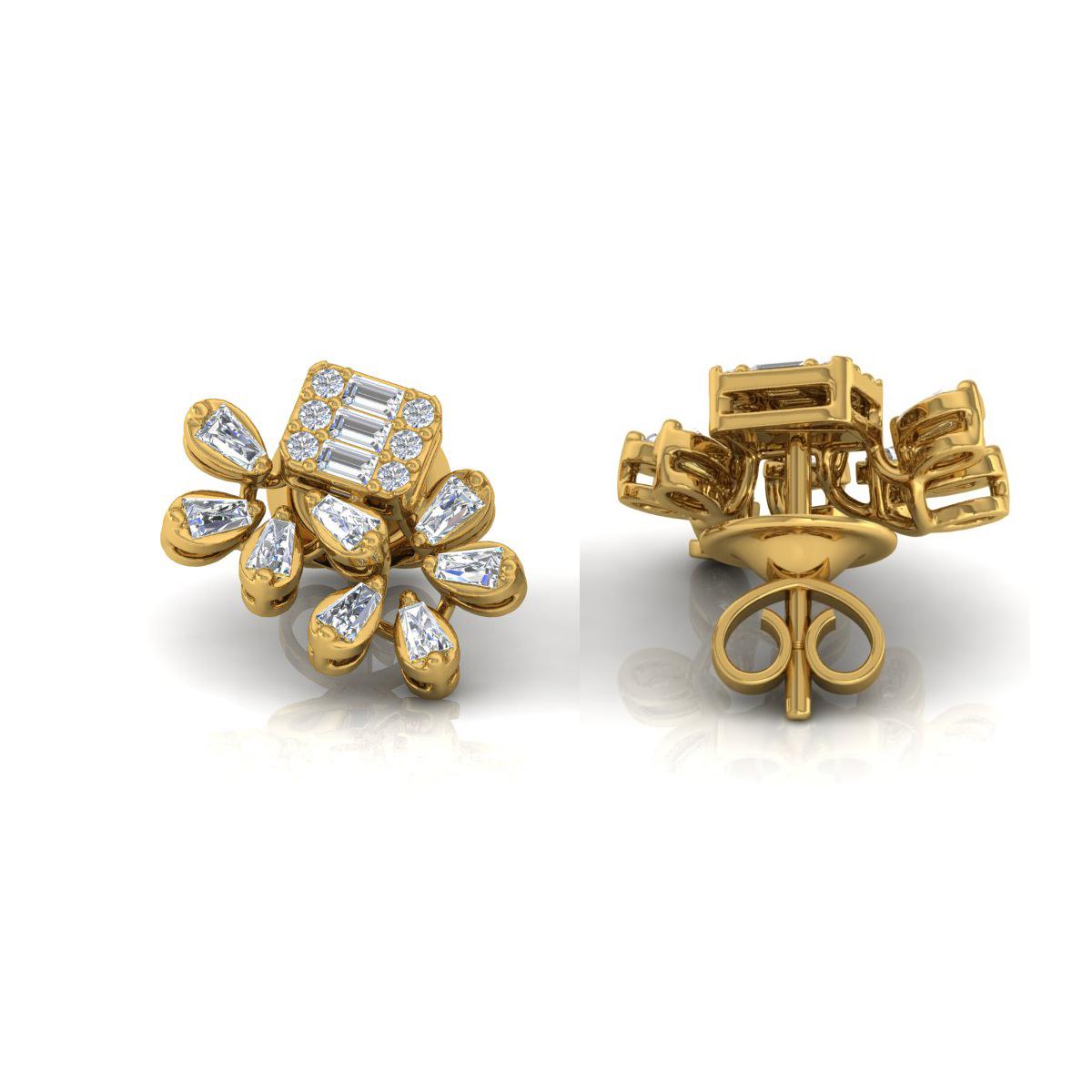 Women's 1.20 Carat SI/HI Baguette & Round Diamond Stud Earrings 18 Karat Yellow Gold For Sale