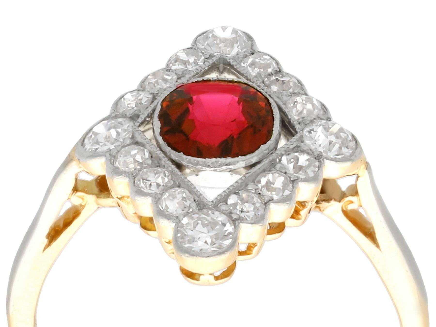 A stunning, fine and impressive antique 1.20ct Siam ruby and 1.09 carat diamond, 18 karat yellow gold and platinum set dress ring; part of our diverse antique jewellery and estate jewelry collections.

This stunning antique ruby ring has been