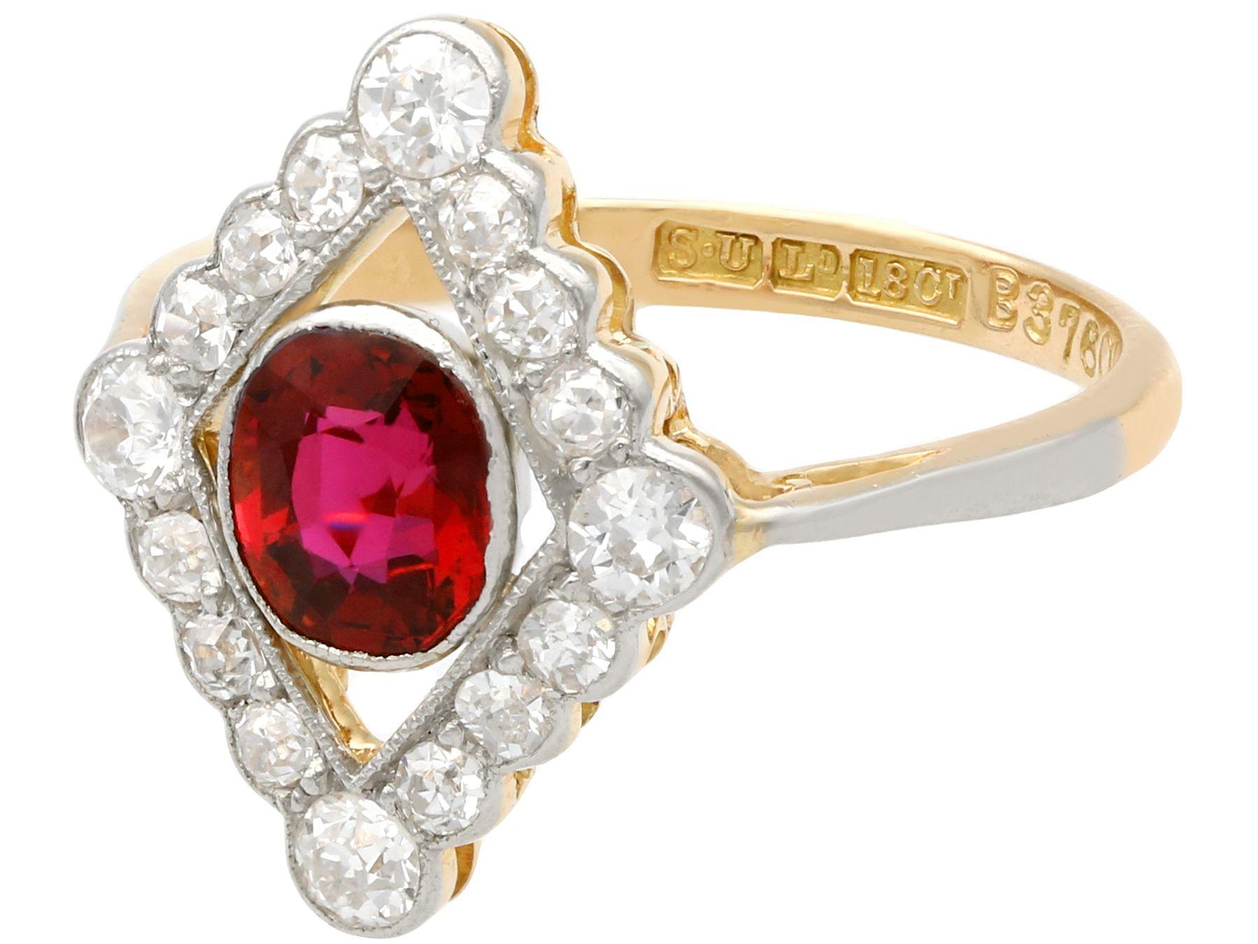 Round Cut 1.20 Carat Siam Ruby and 1.09 Carat Diamond Yellow Gold Ring Antique, 1920s