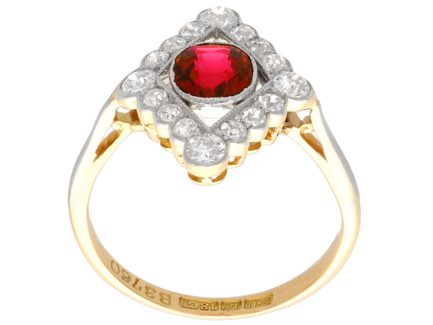 1.20 Carat Siam Ruby and 1.09 Carat Diamond Yellow Gold Ring Antique, 1920s In Excellent Condition In Jesmond, Newcastle Upon Tyne