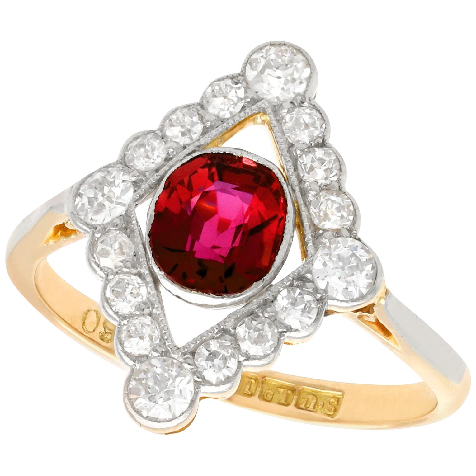 1.20 Carat Siam Ruby and 1.09 Carat Diamond Yellow Gold Ring Antique, 1920s