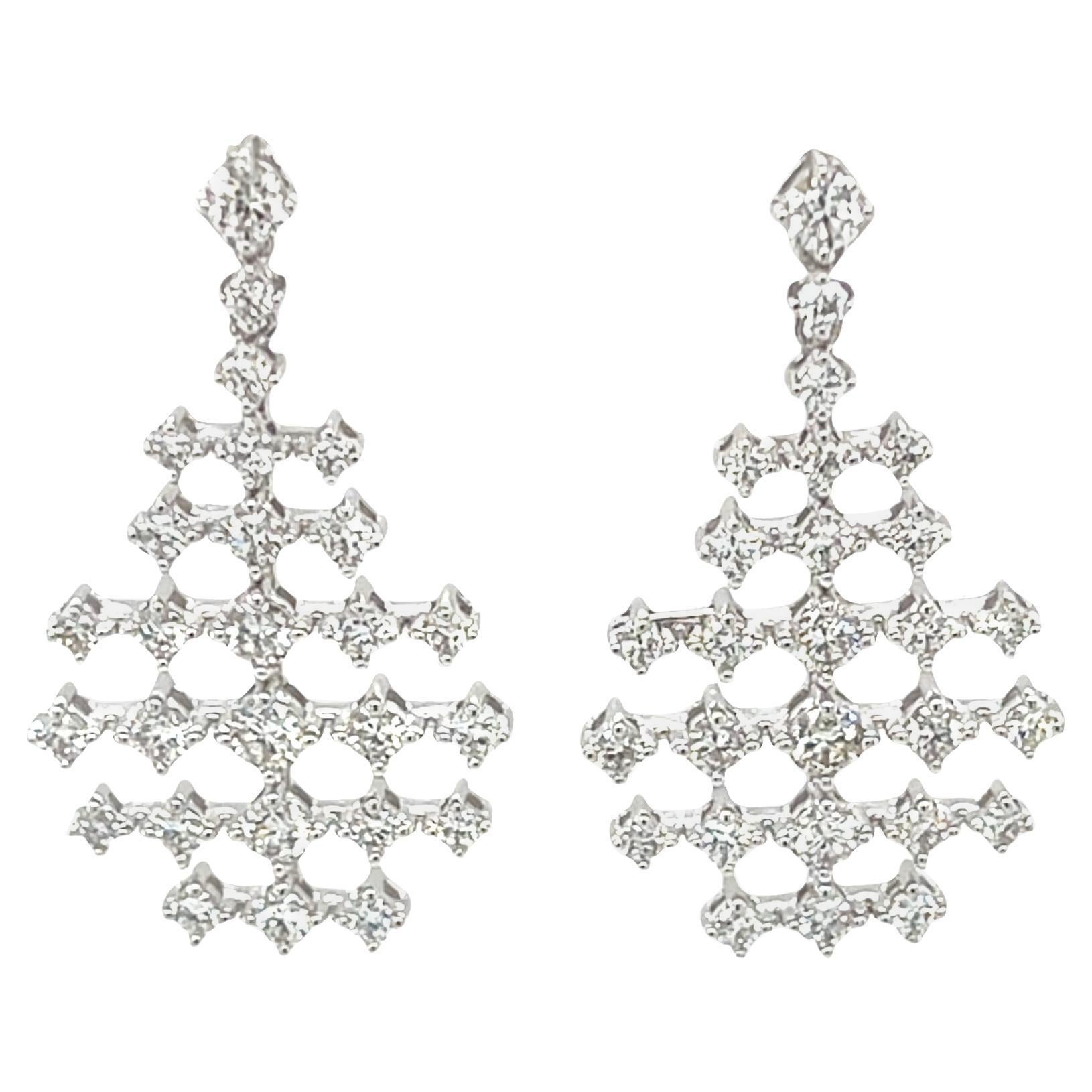 1.20 Carat Total Diamond, 18k White Gold Geometric Lace Design Dangle Earrings