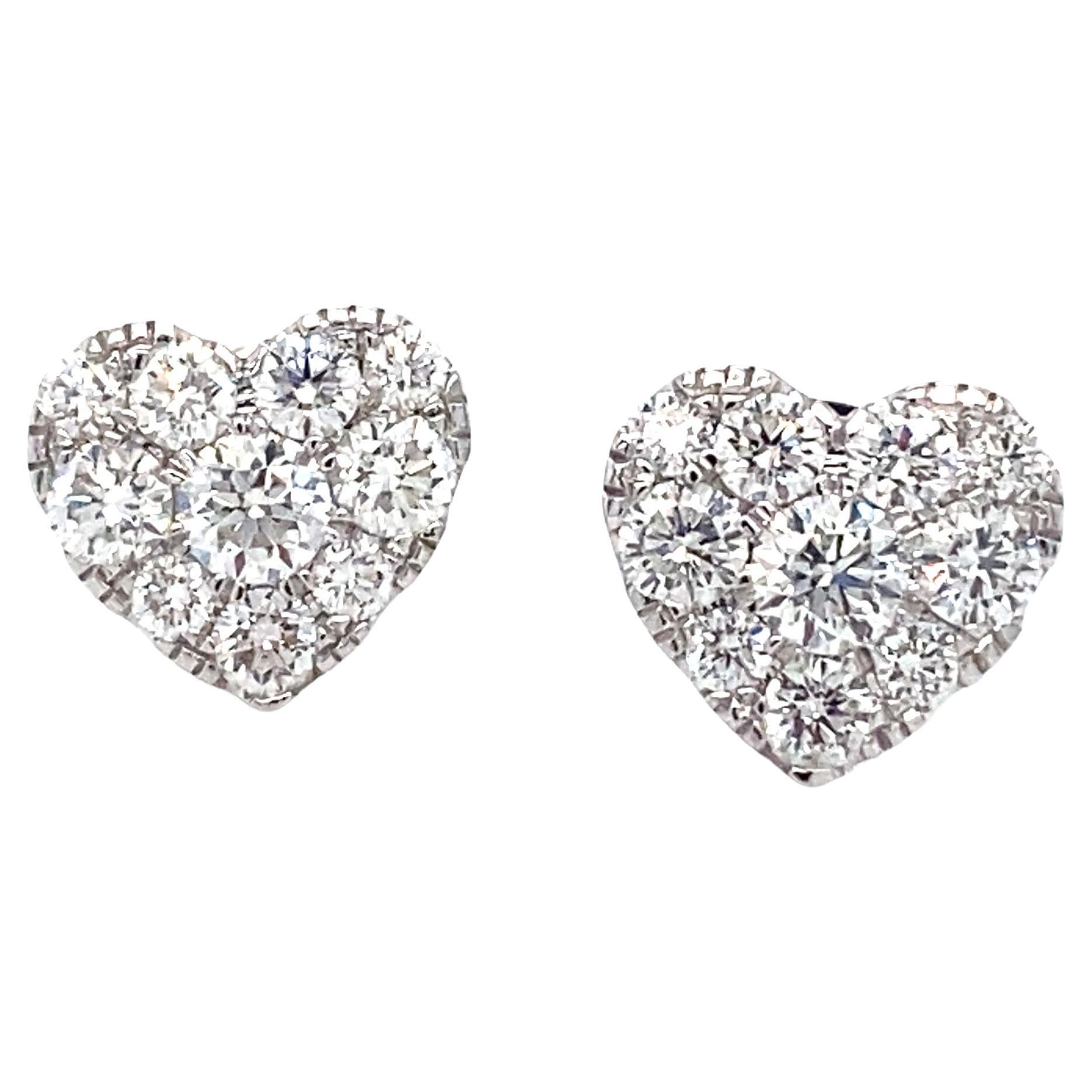 1.20 Carat Total Diamond Heart Earrings in 14 Karat White Gold For Sale