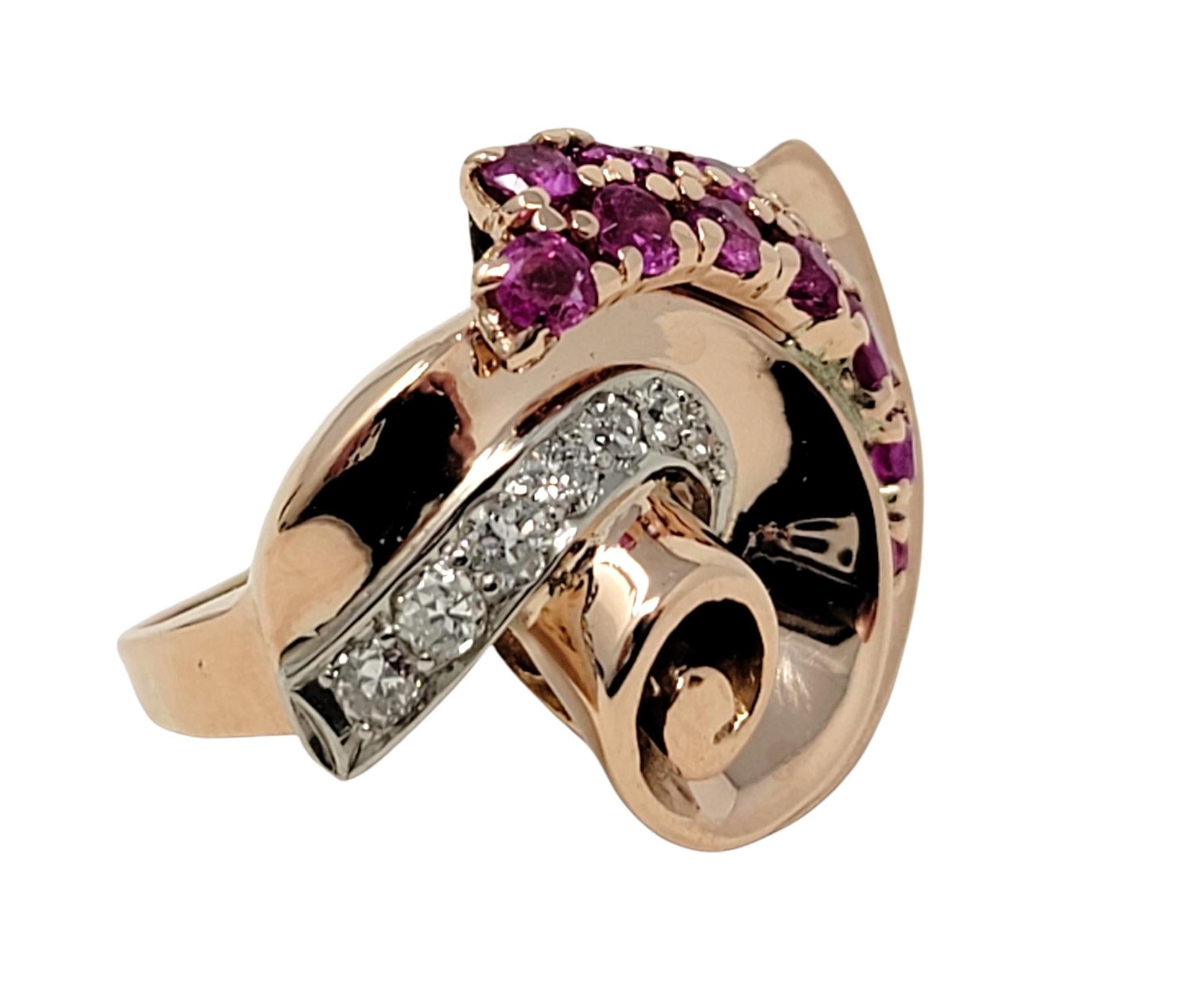 Contemporary 1.20 Carat Total Ruby and Diamond Swirl Cocktail Ring in 14 Karat Rose Gold For Sale