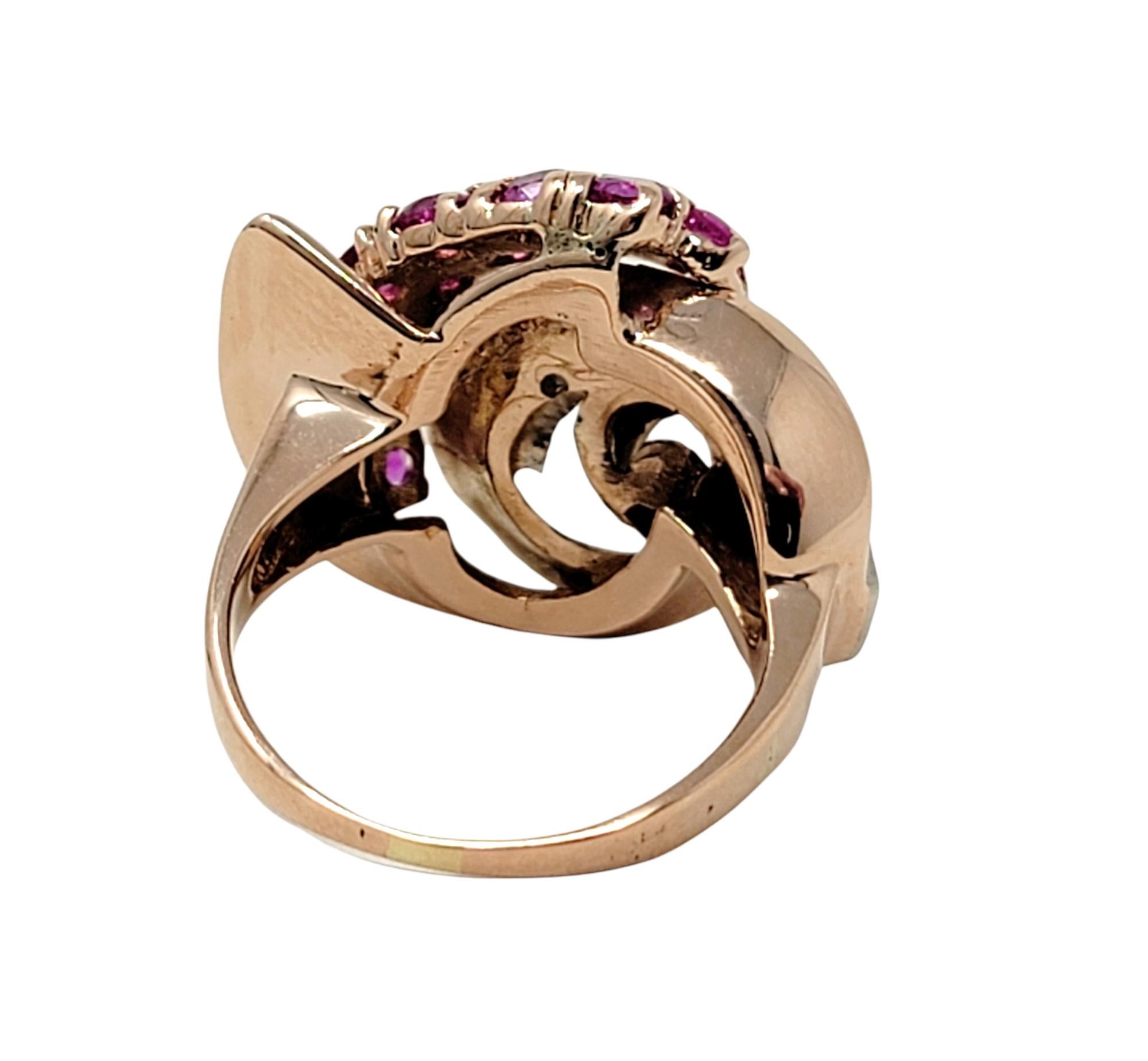 Round Cut 1.20 Carat Total Ruby and Diamond Swirl Cocktail Ring in 14 Karat Rose Gold For Sale