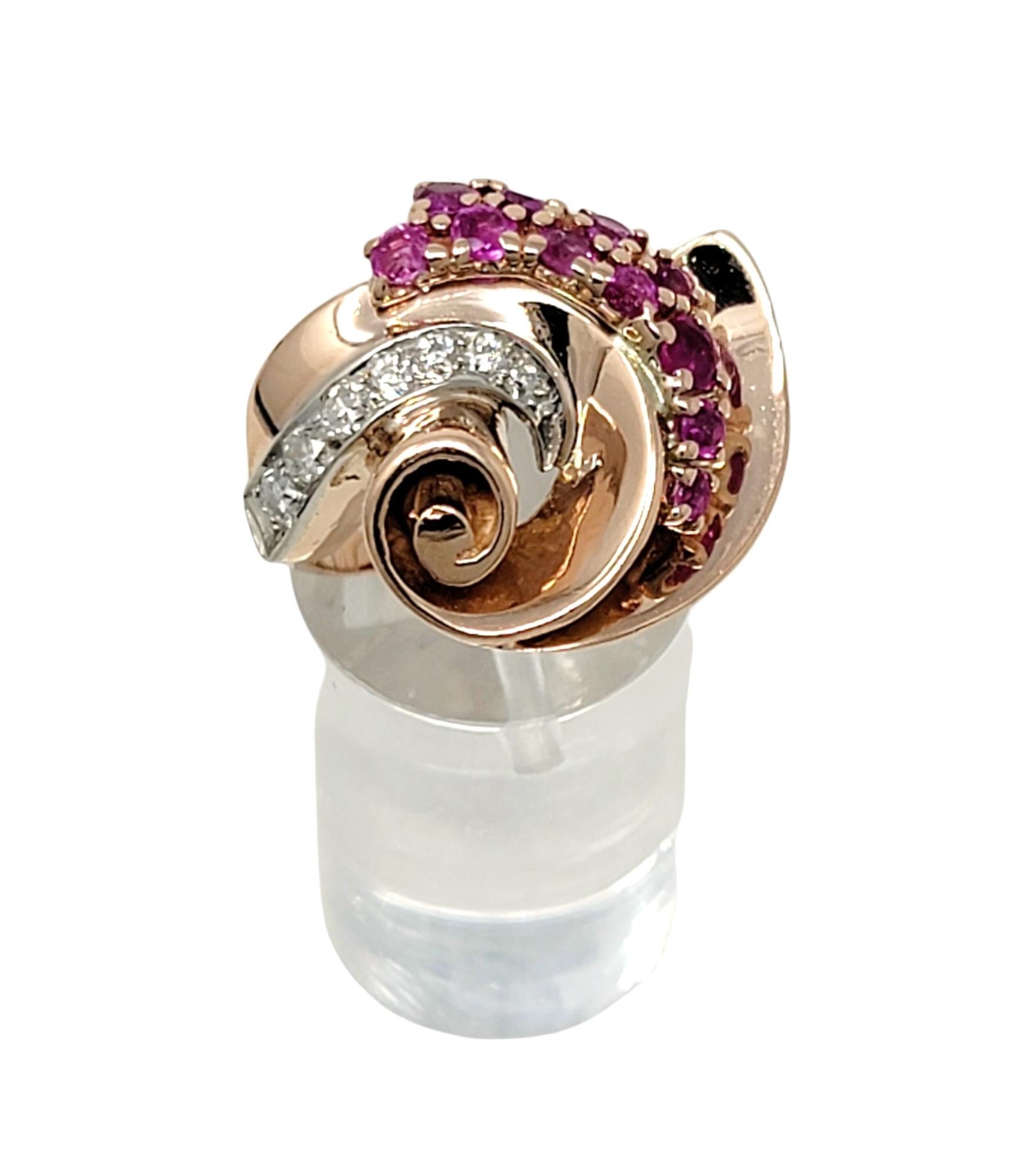 Women's 1.20 Carat Total Ruby and Diamond Swirl Cocktail Ring in 14 Karat Rose Gold For Sale