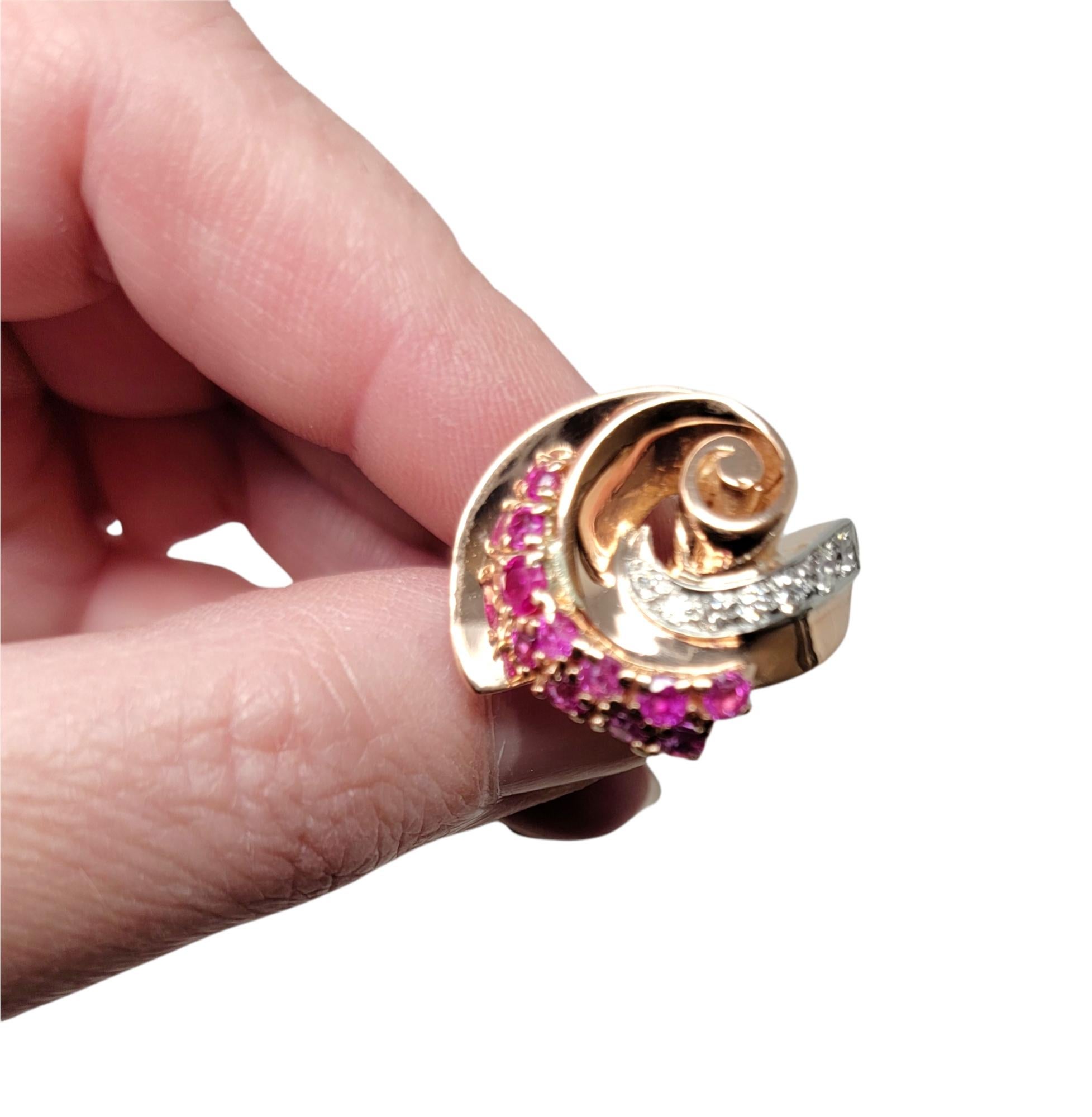 1.20 Carat Total Ruby and Diamond Swirl Cocktail Ring in 14 Karat Rose Gold For Sale 2