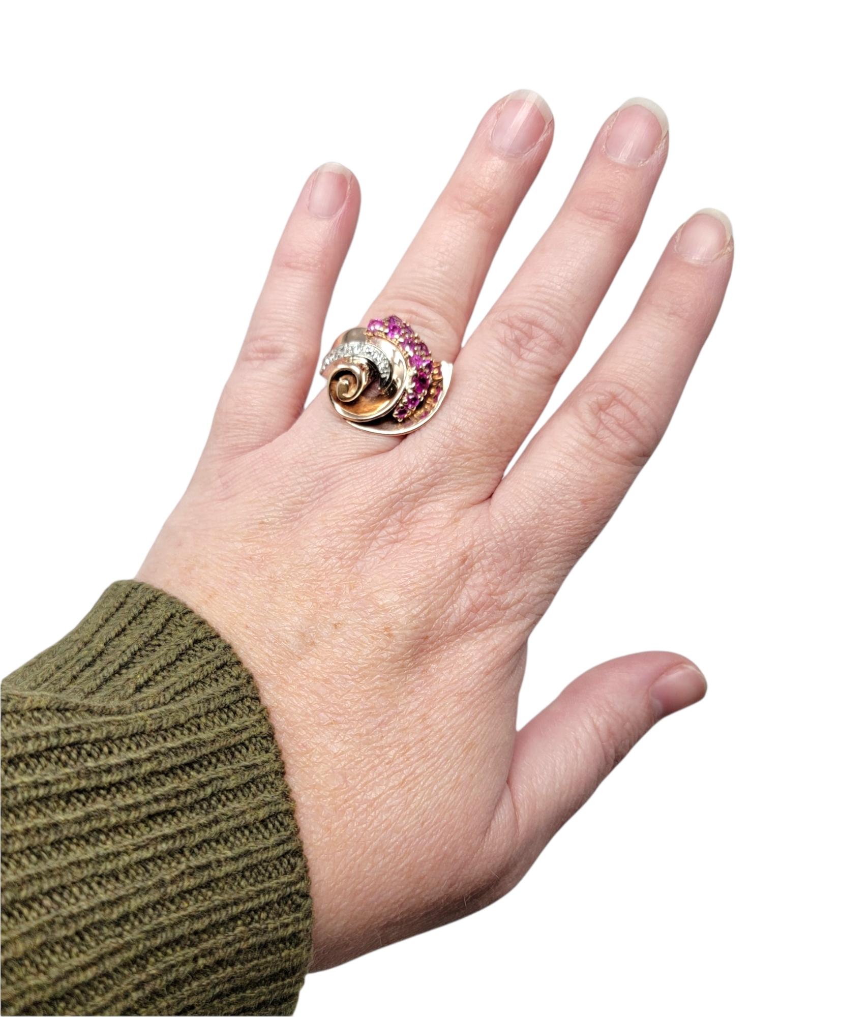 1.20 Carat Total Ruby and Diamond Swirl Cocktail Ring in 14 Karat Rose Gold For Sale 3