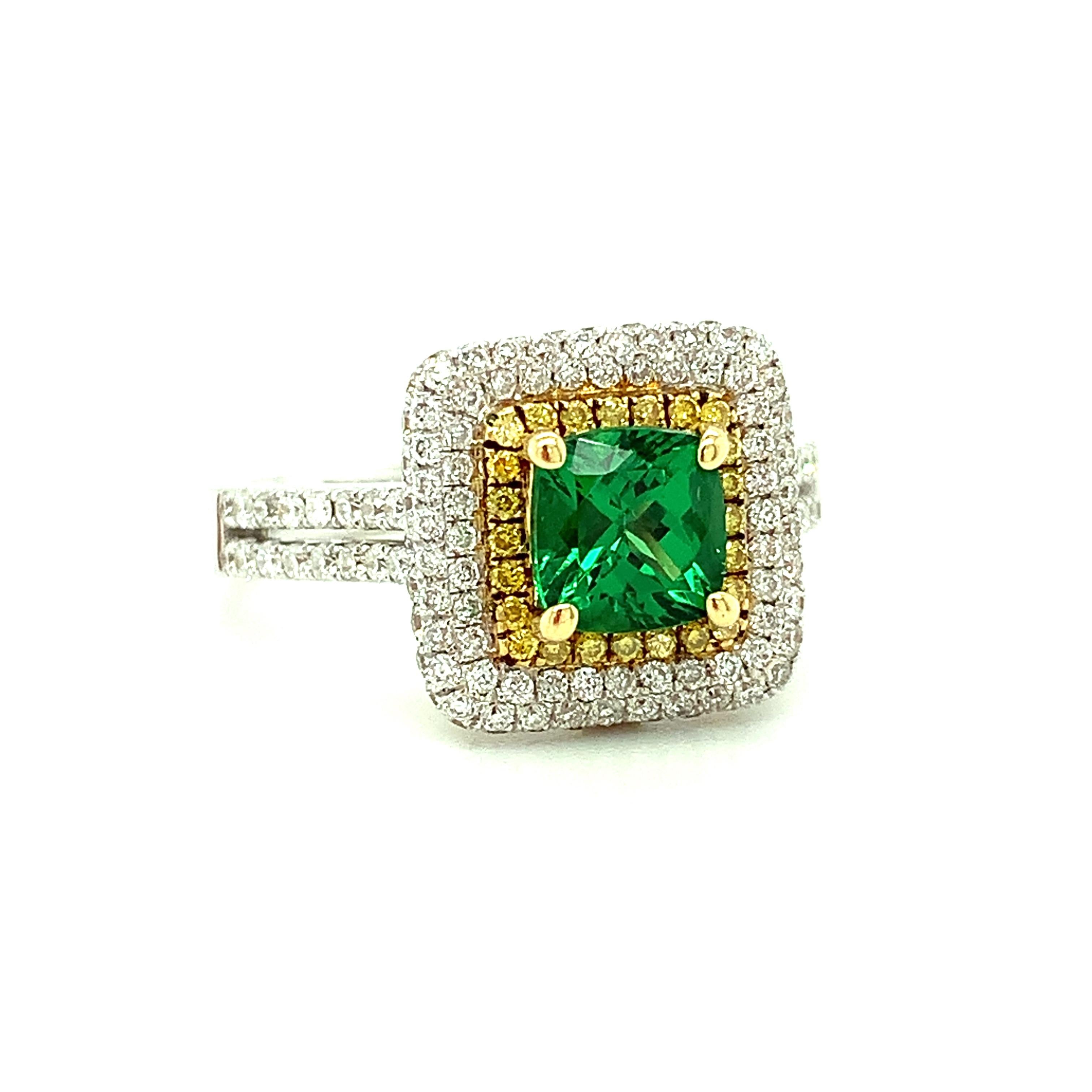 Artisan Tsavorite Garnet and Yellow Diamond Halo Cocktail Ring in Yellow and White Gold For Sale