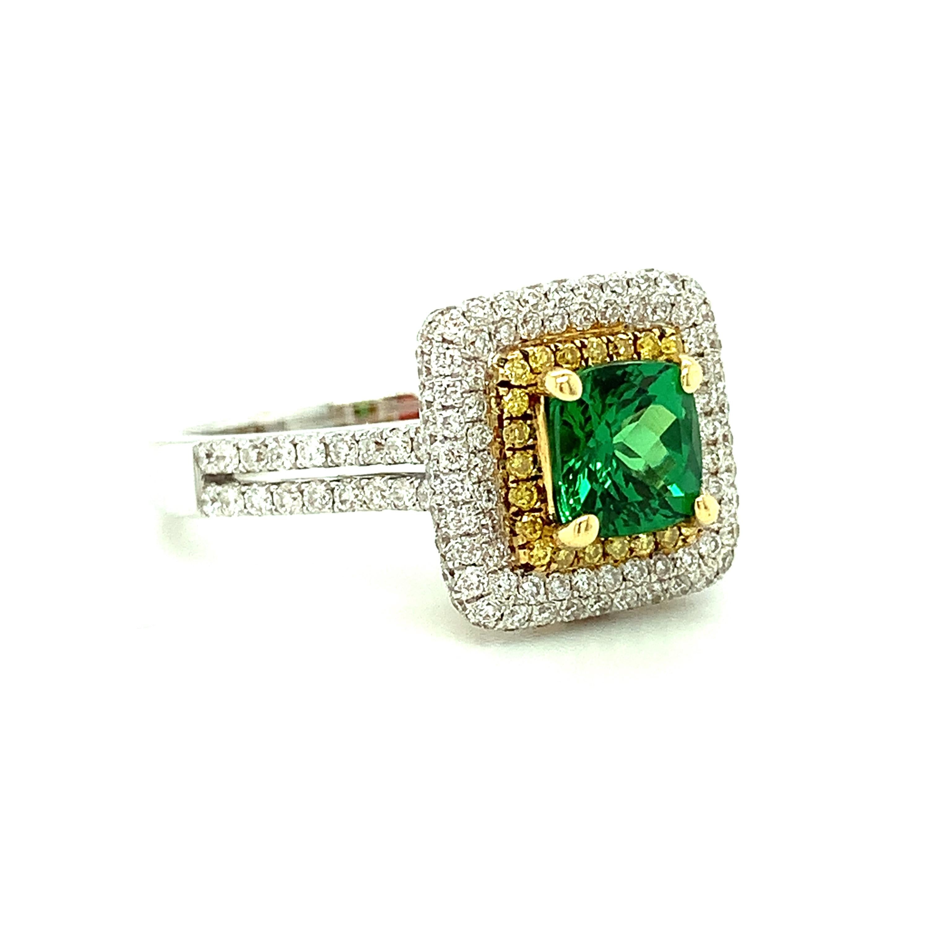 Cushion Cut Tsavorite Garnet and Yellow Diamond Halo Cocktail Ring in Yellow and White Gold For Sale