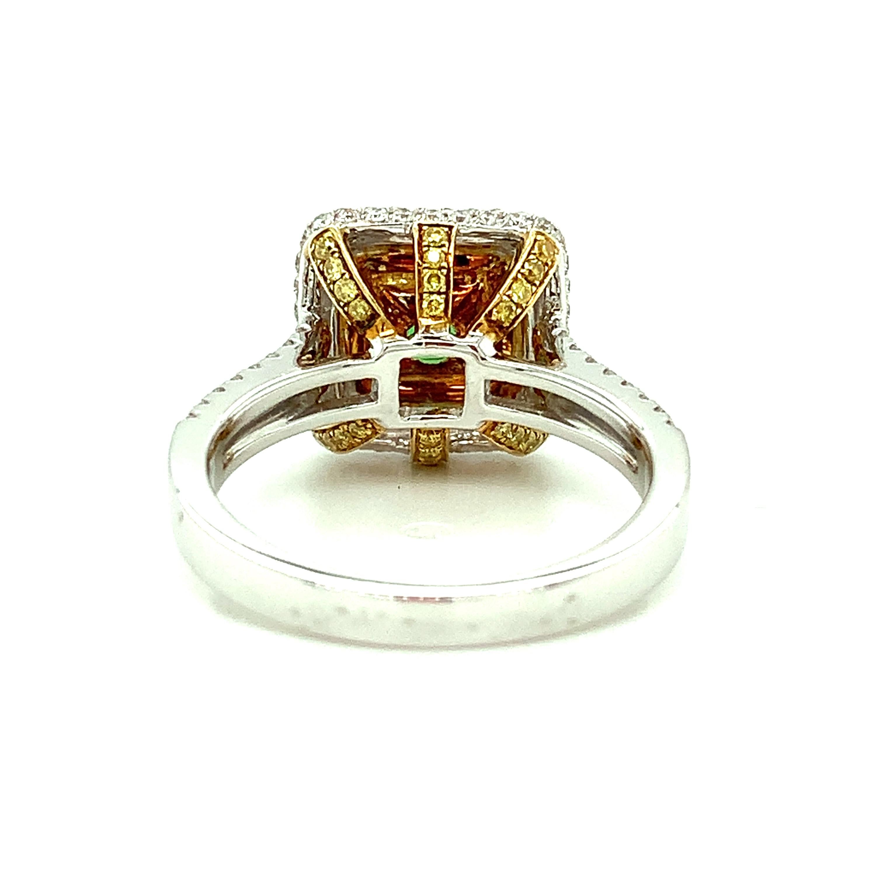 Women's or Men's Tsavorite Garnet and Yellow Diamond Halo Cocktail Ring in Yellow and White Gold For Sale