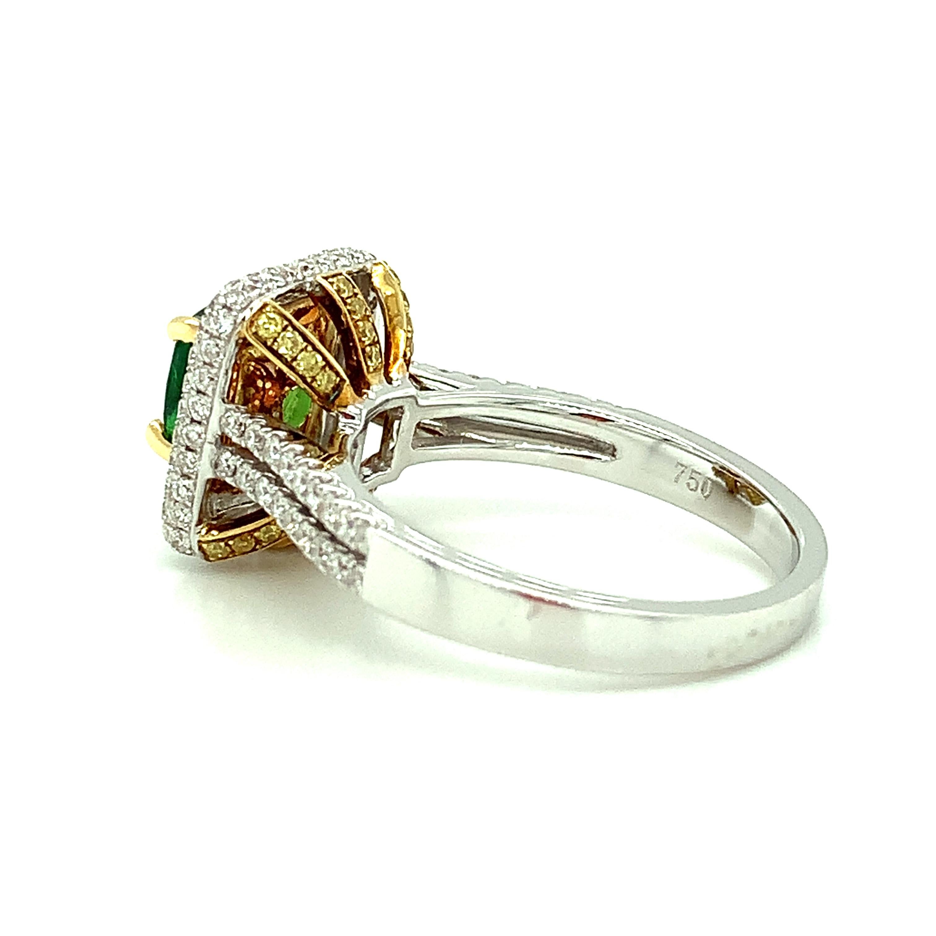 Tsavorite Garnet and Yellow Diamond Halo Cocktail Ring in Yellow and White Gold For Sale 1