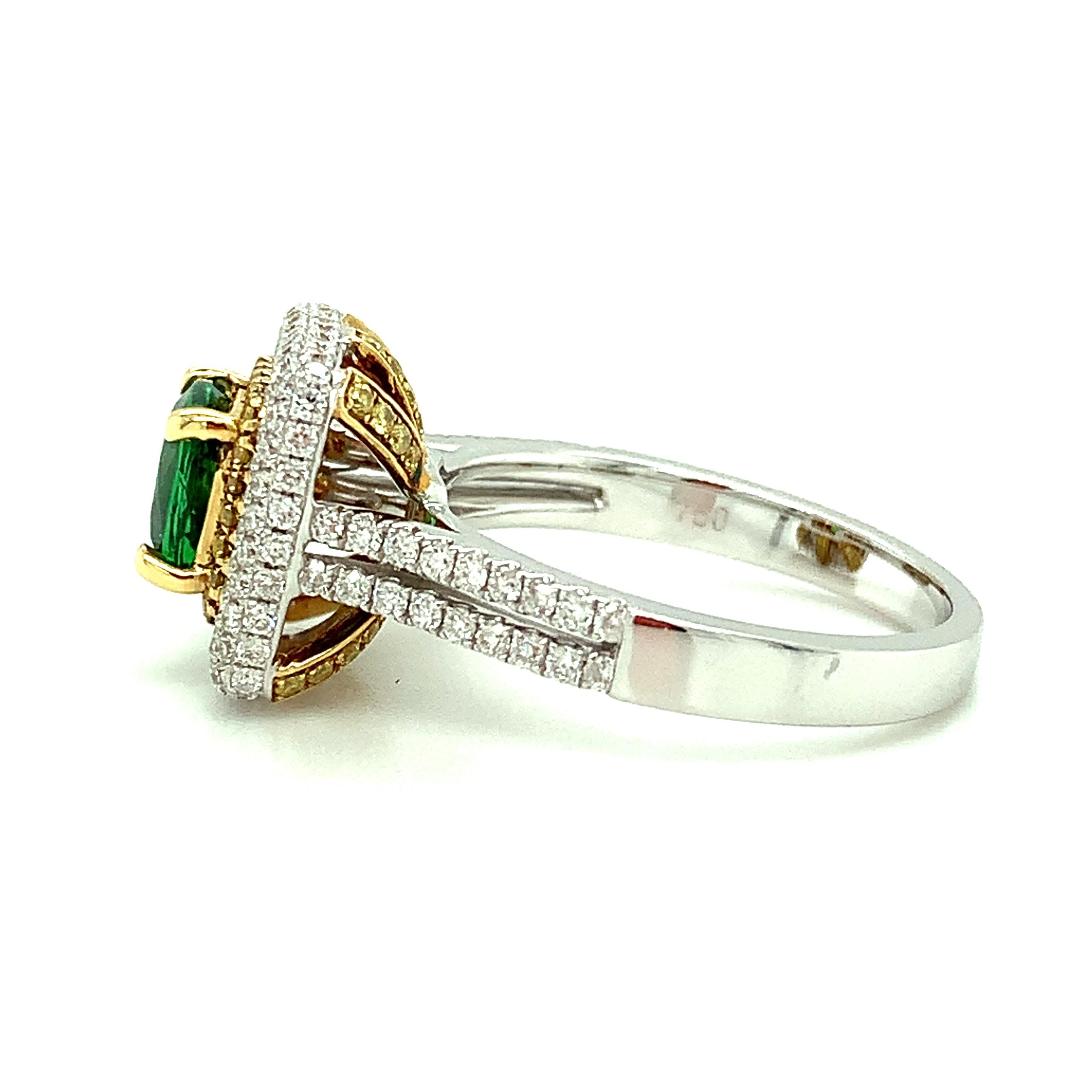 Tsavorite Garnet and Yellow Diamond Halo Cocktail Ring in Yellow and White Gold For Sale 2
