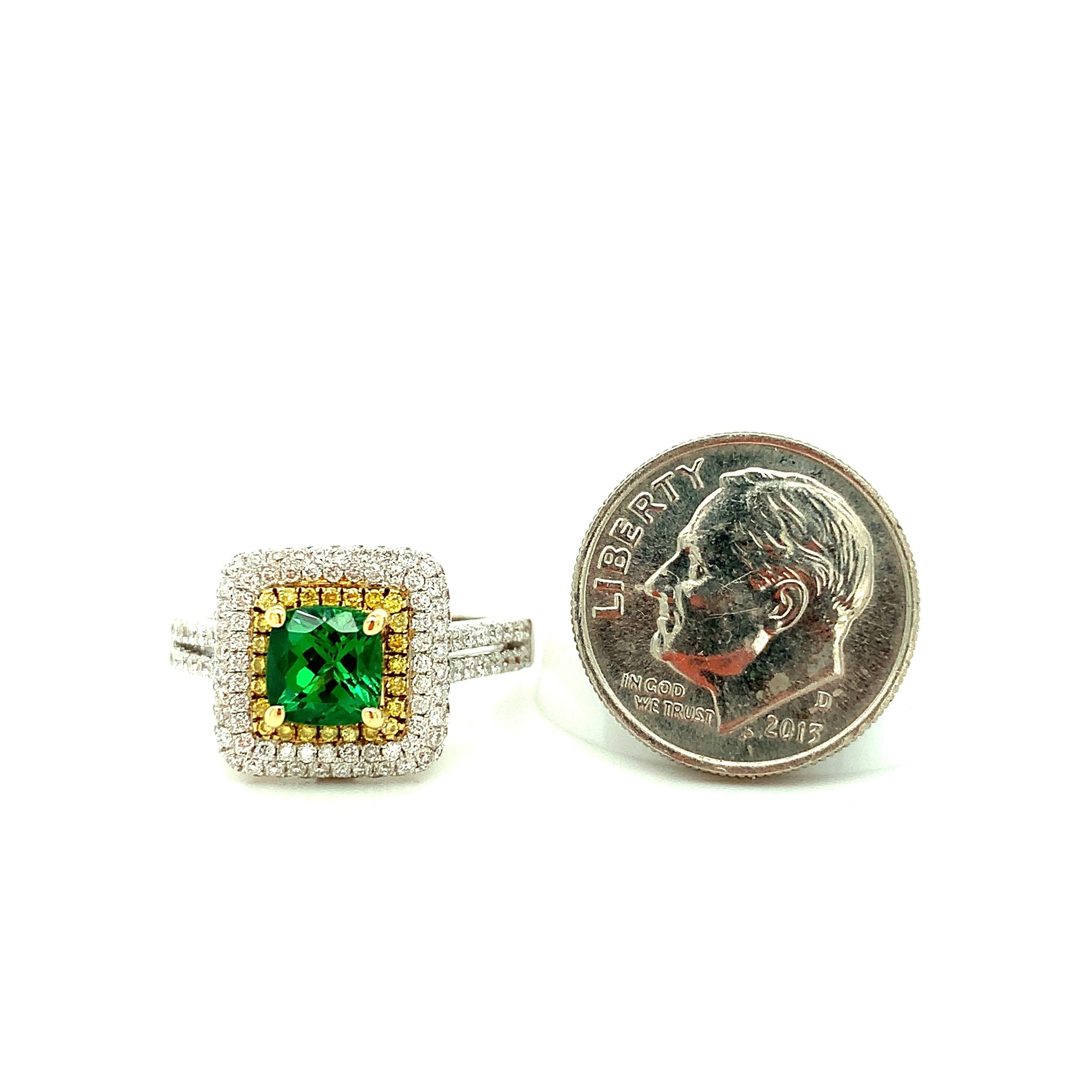 Tsavorite Garnet and Yellow Diamond Halo Cocktail Ring in Yellow and White Gold For Sale 3
