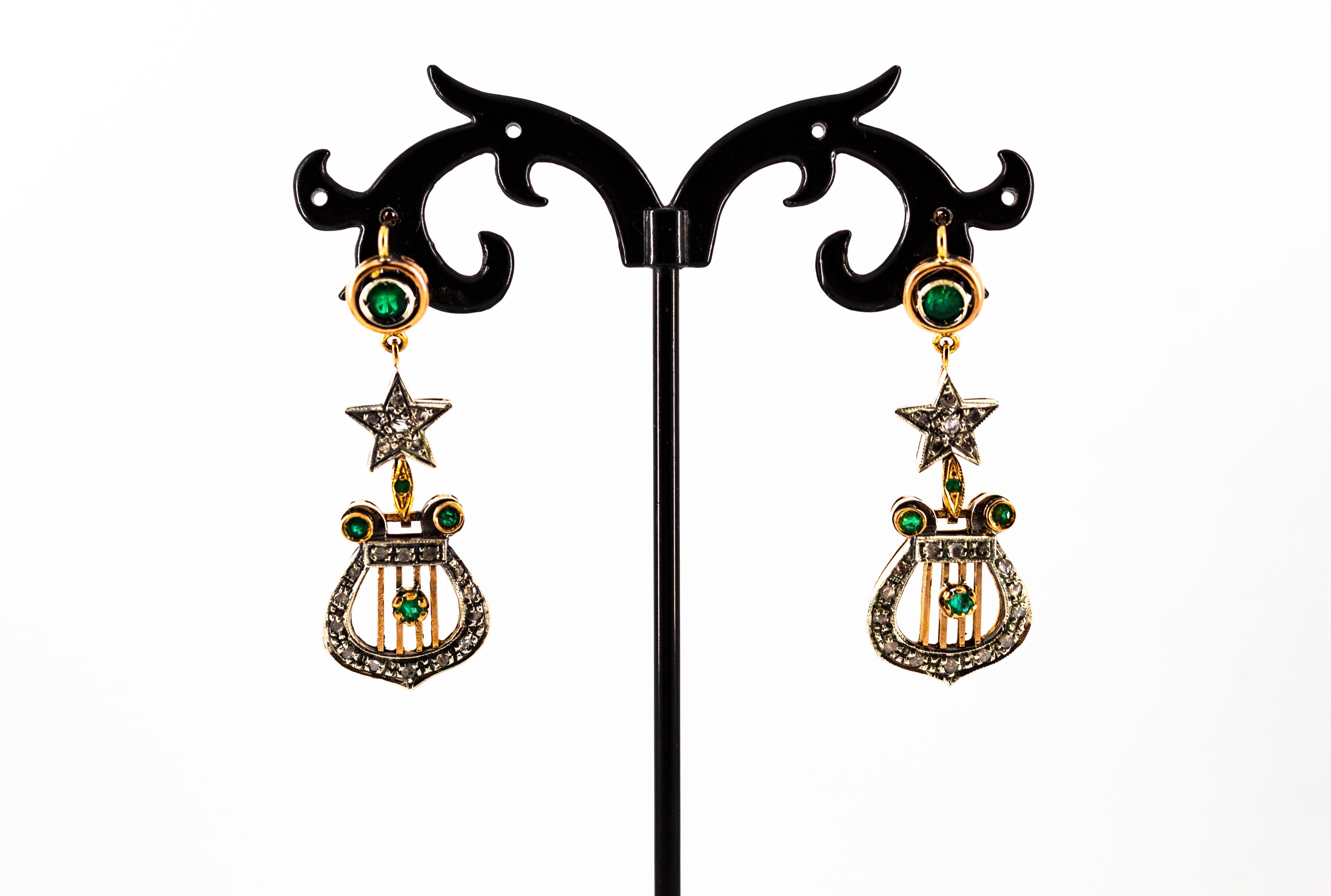 1.20 Carat White Rose Cut Diamond Emerald Yellow Gold Lever-Back Drop Earrings In New Condition For Sale In Naples, IT