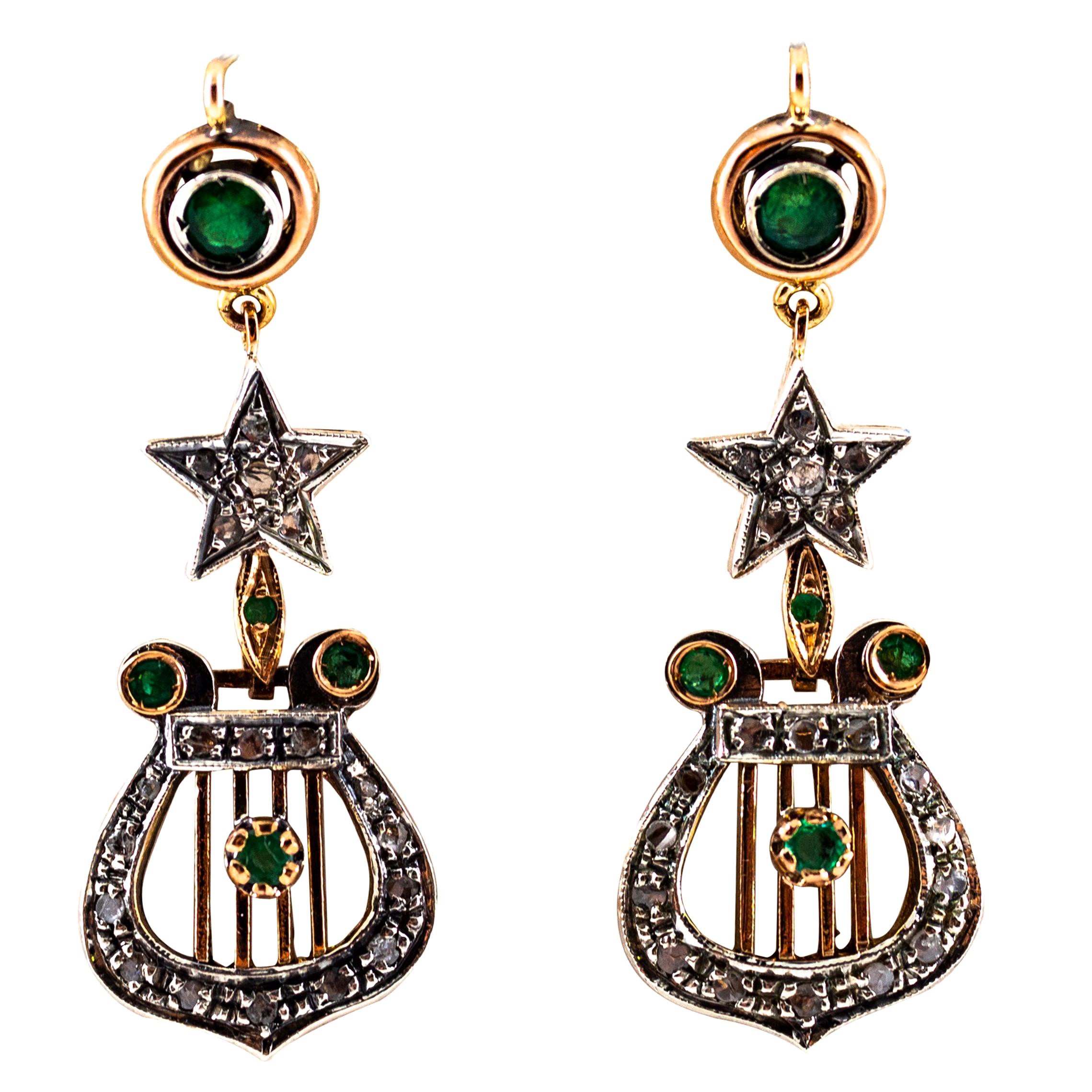 Boucles d'oreilles pendantes en or jaune Emeraude, diamant blanc taille rose de 1.20 carat en vente