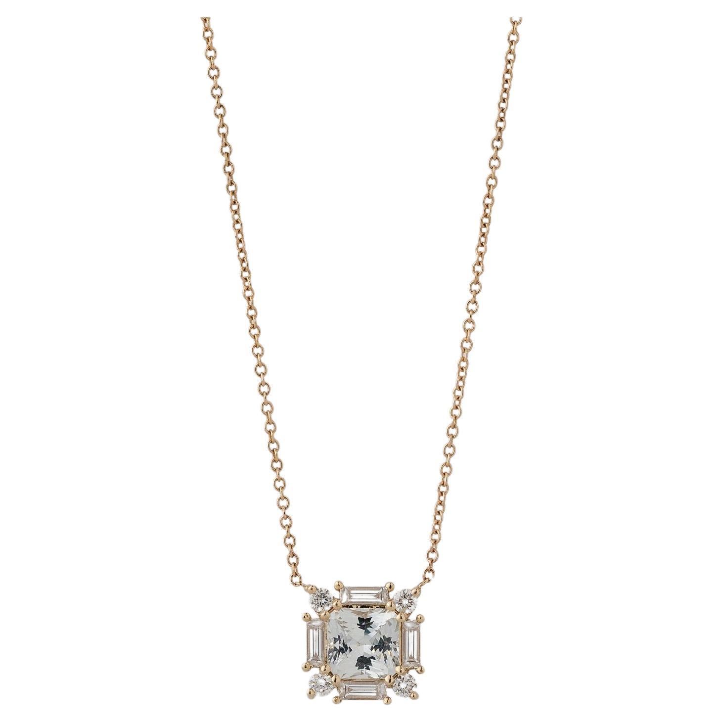 1.20 Carat White Sapphire Diamond Halo Pendant in 14k Yellow Gold For Sale