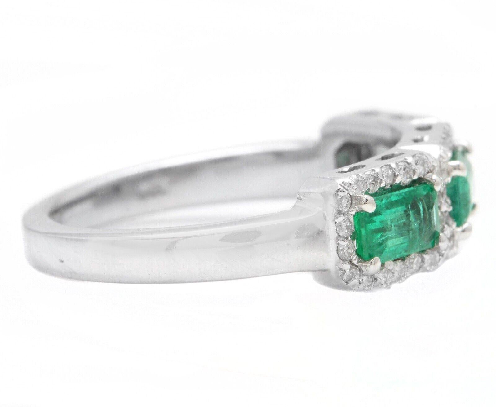 Mixed Cut 1.20 Carats Natural Emerald and Diamond 14K Solid White Gold Ring For Sale