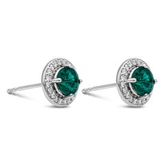 1.20 Carats Total Round Cut Green Emerald and Diamond Halo Stud Earrings
