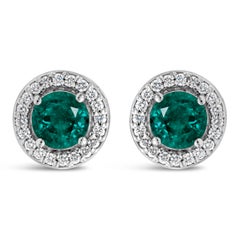 1.20 Carats Total Round Cut Green Emerald and Diamond Halo Stud Earrings