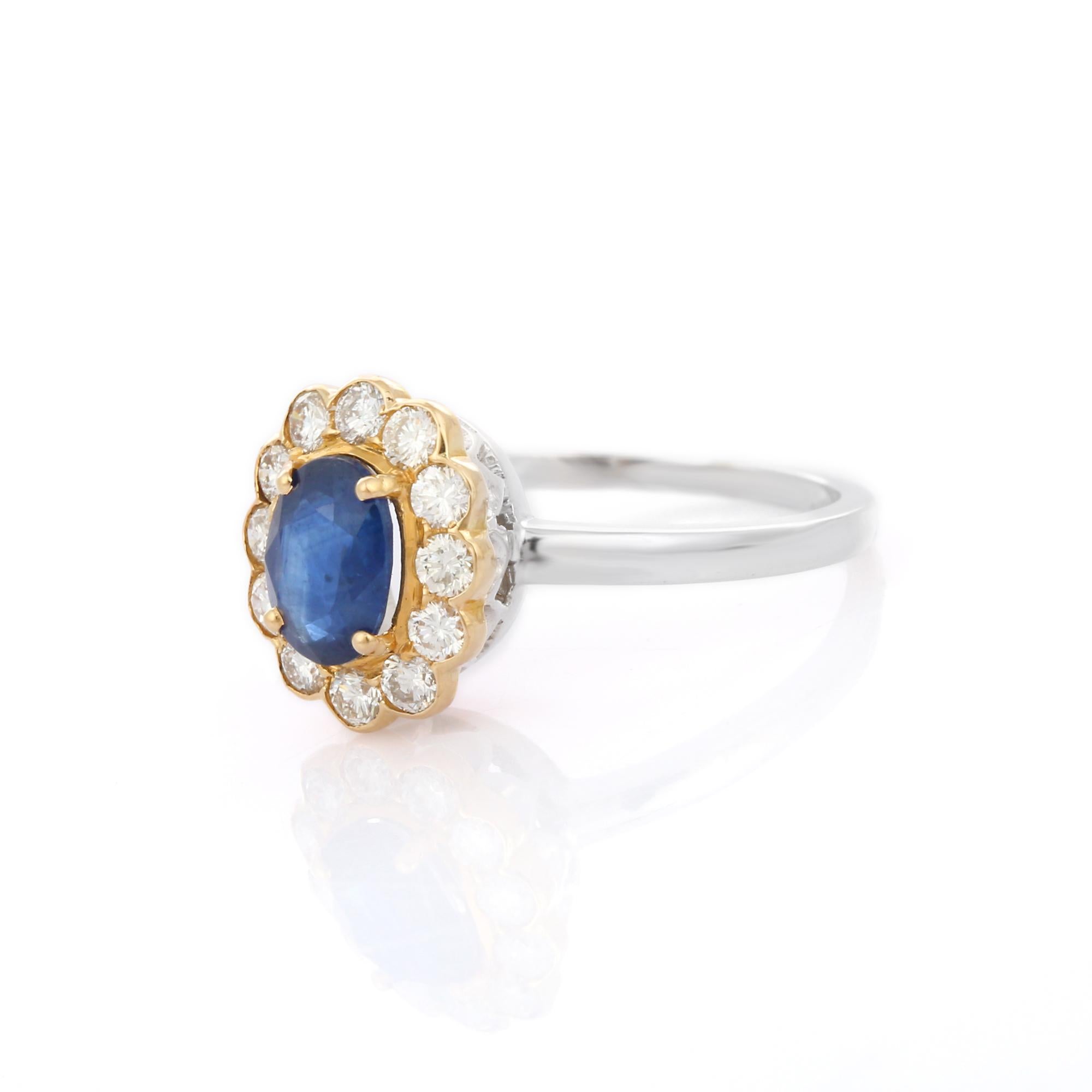 En vente :  Bague de fiançailles en or blanc 18 carats avec halo de saphirs bleus 1,20 carat 3