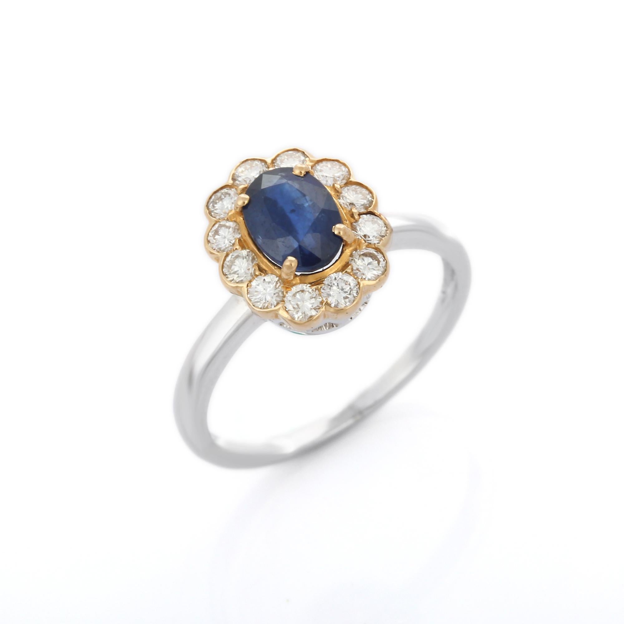 For Sale:  1.20 Ct Blue Sapphire Halo Engagement Ring in 18K White Gold 5