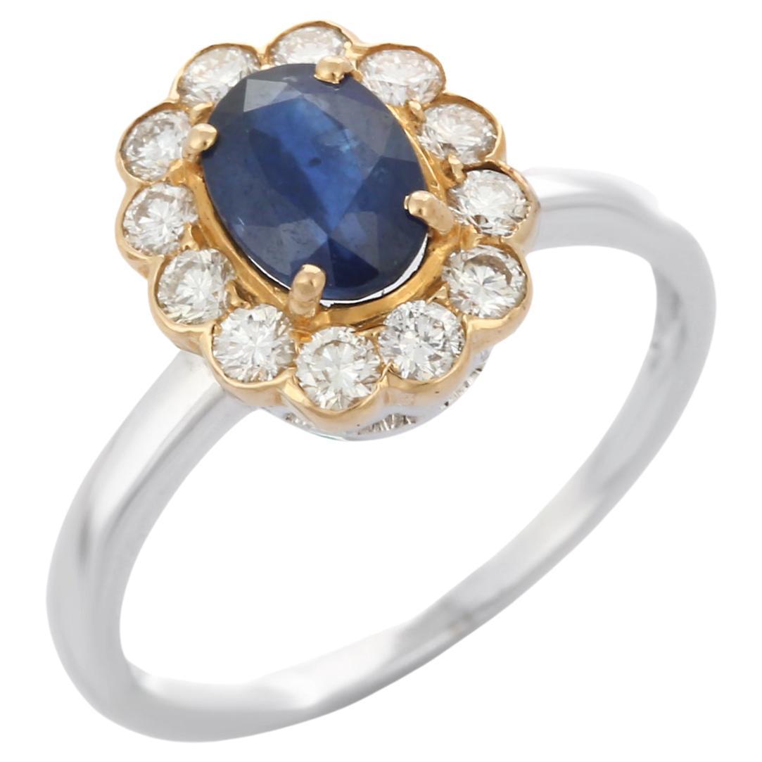 1.20 Ct Blue Sapphire Halo Engagement Ring in 18K White Gold