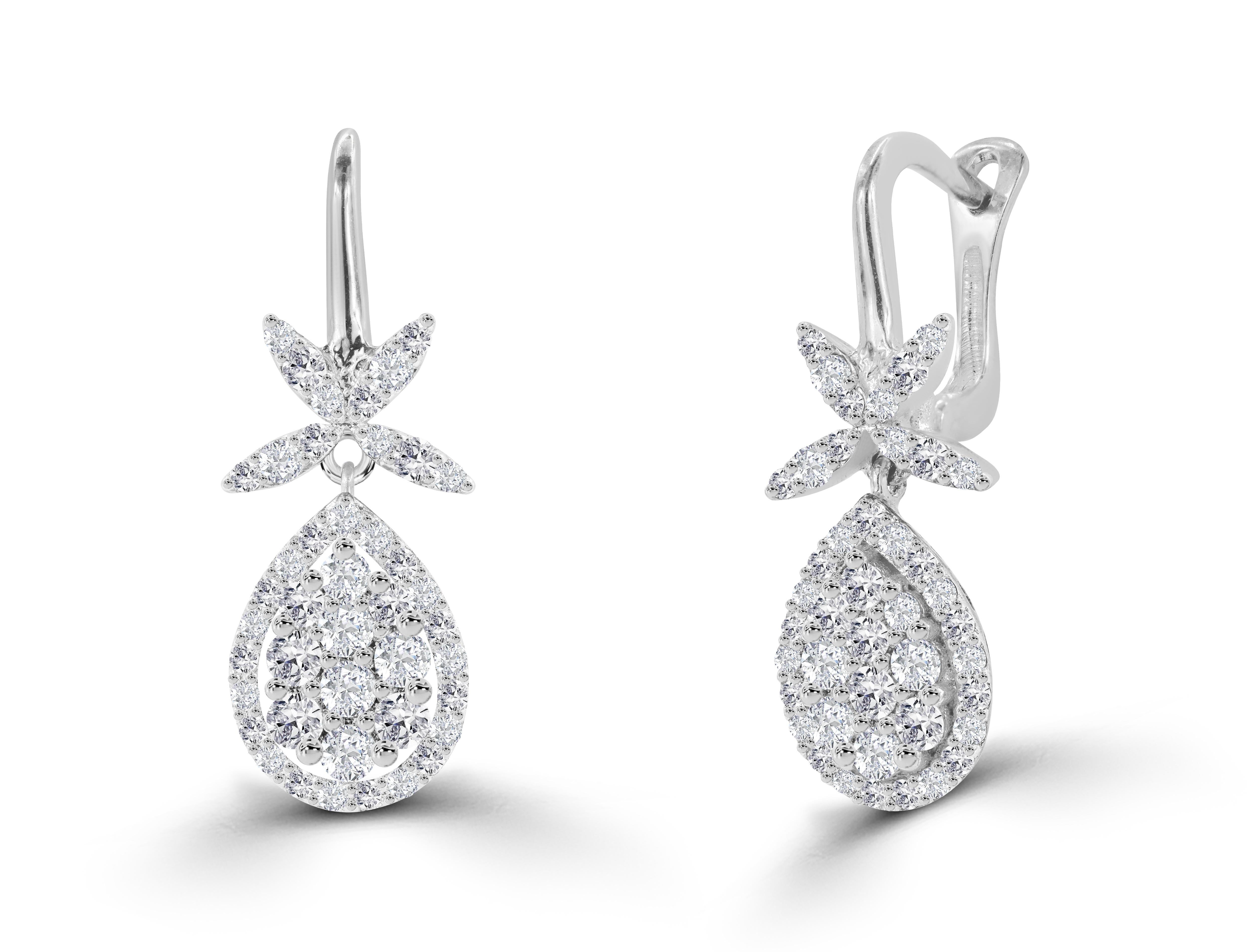 Modern 1.20ct Diamond Flower Drop Earrings in 14k Gold For Sale