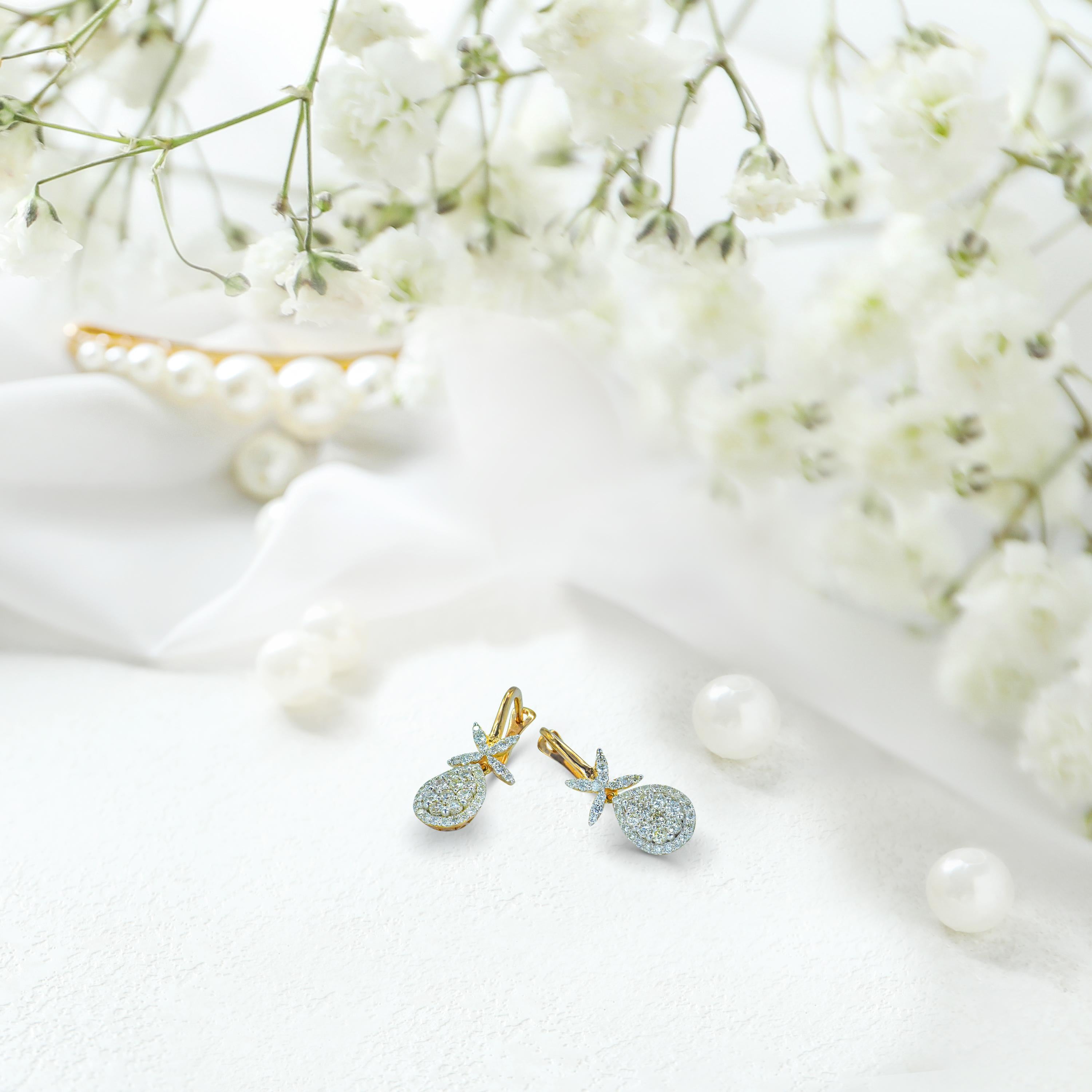 Round Cut 1.20ct Diamond Flower Drop Earrings in 14k Gold For Sale