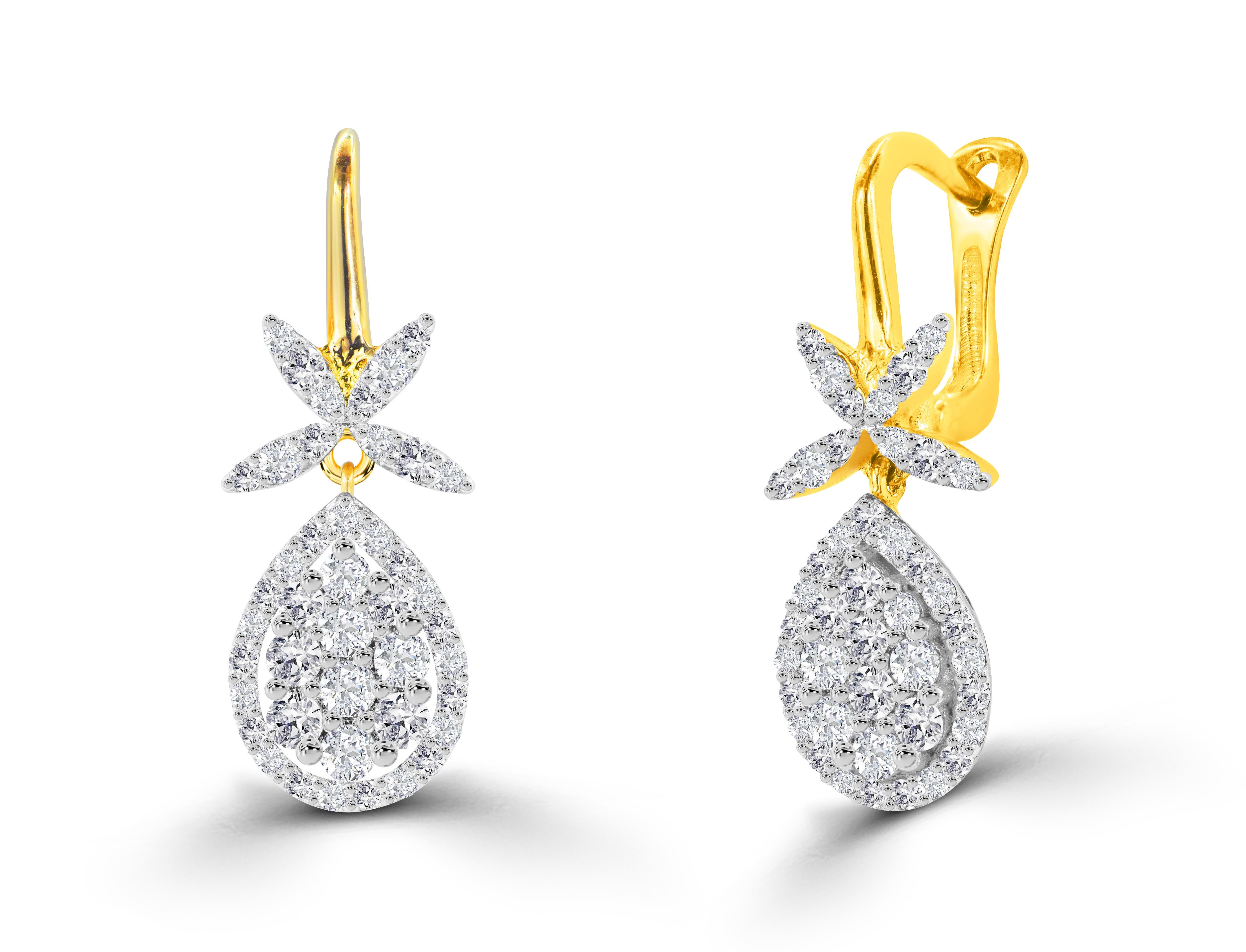 Modern 1.20ct Diamond Flower Drop Earrings in 18k Gold For Sale