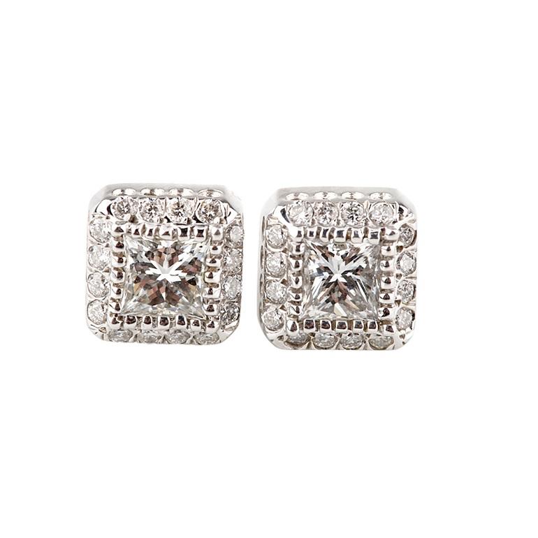 Modern 1.20 Carat Diamond Solitaire Stud Earrings with Accent Stones in White Gold For Sale
