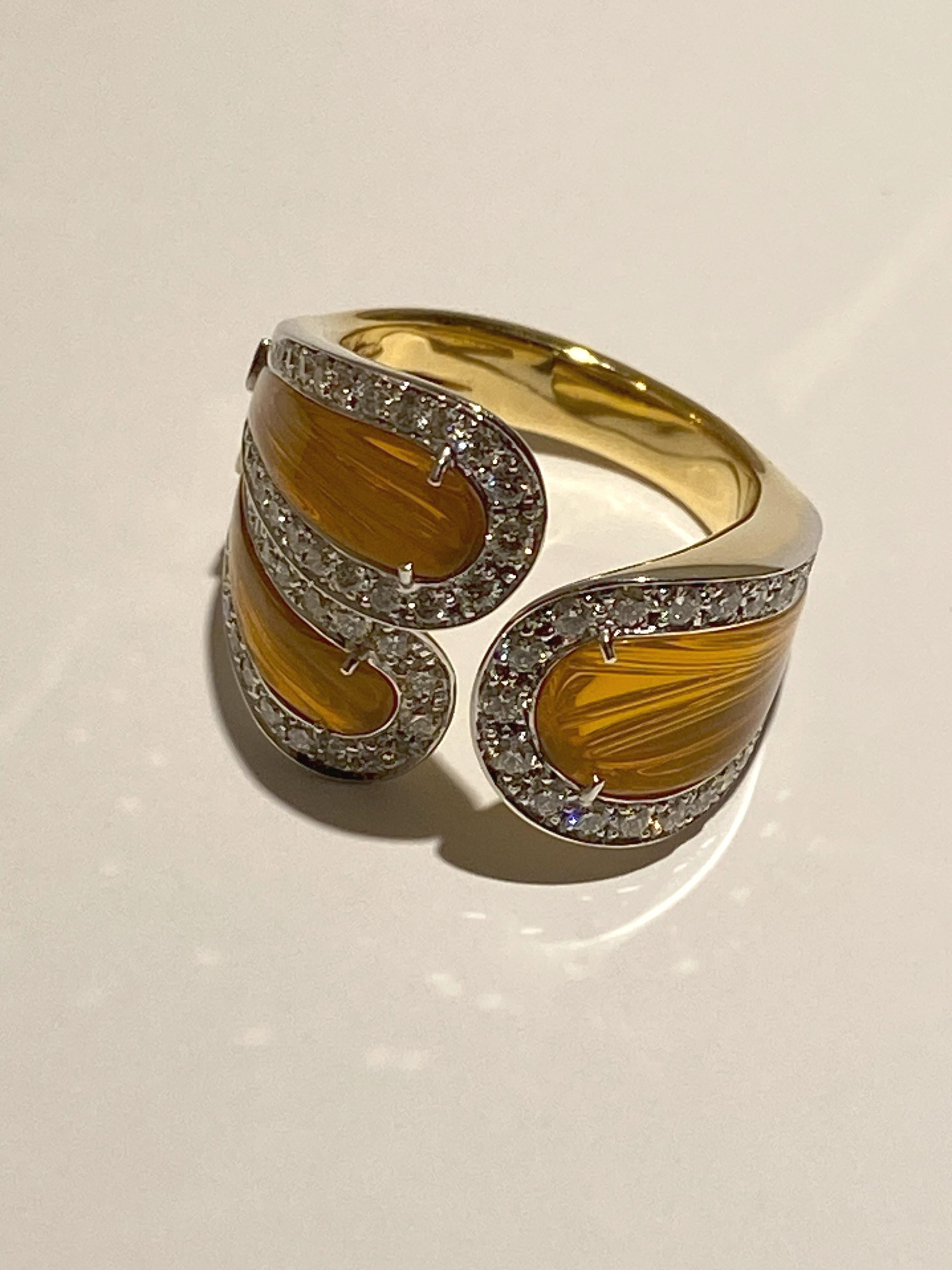 Uncut SCAVIA Opal Inlays Diamonds Pavé 18K White and Yellow Gold Ring For Sale