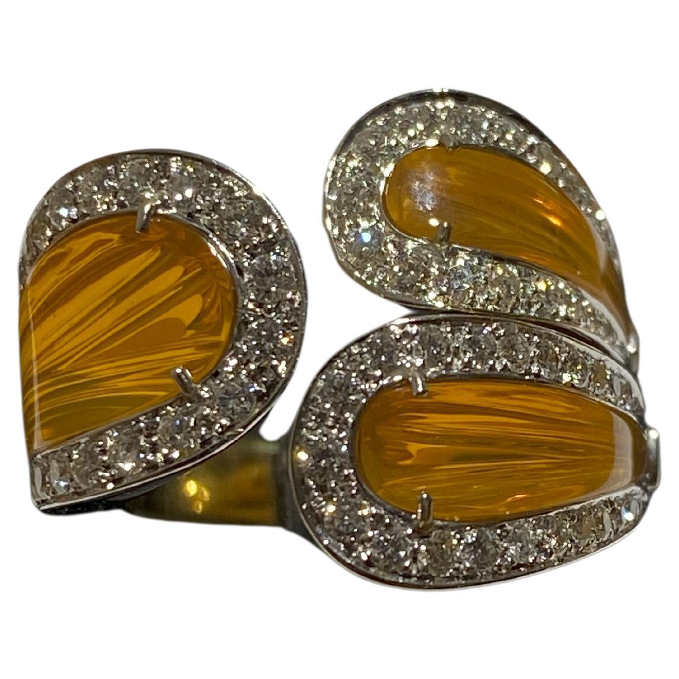 SCAVIA Opal Inlays Diamonds Pavé 18K White and Yellow Gold Ring