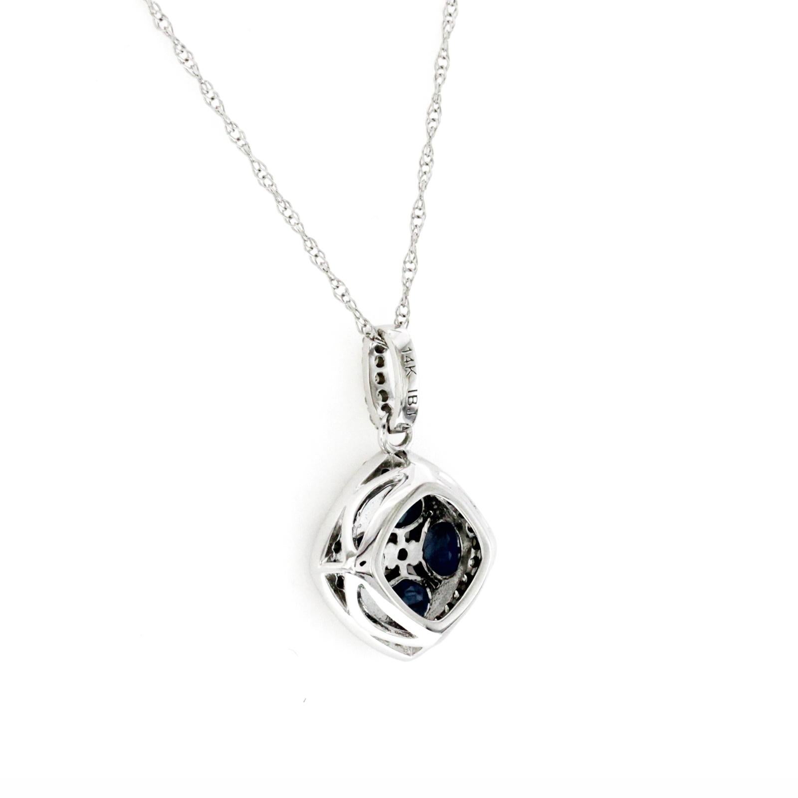 Round Cut 1.20 CT Natural Blue Sapphire 0.15CT Diamond 14K White Gold Pendant Necklace For Sale