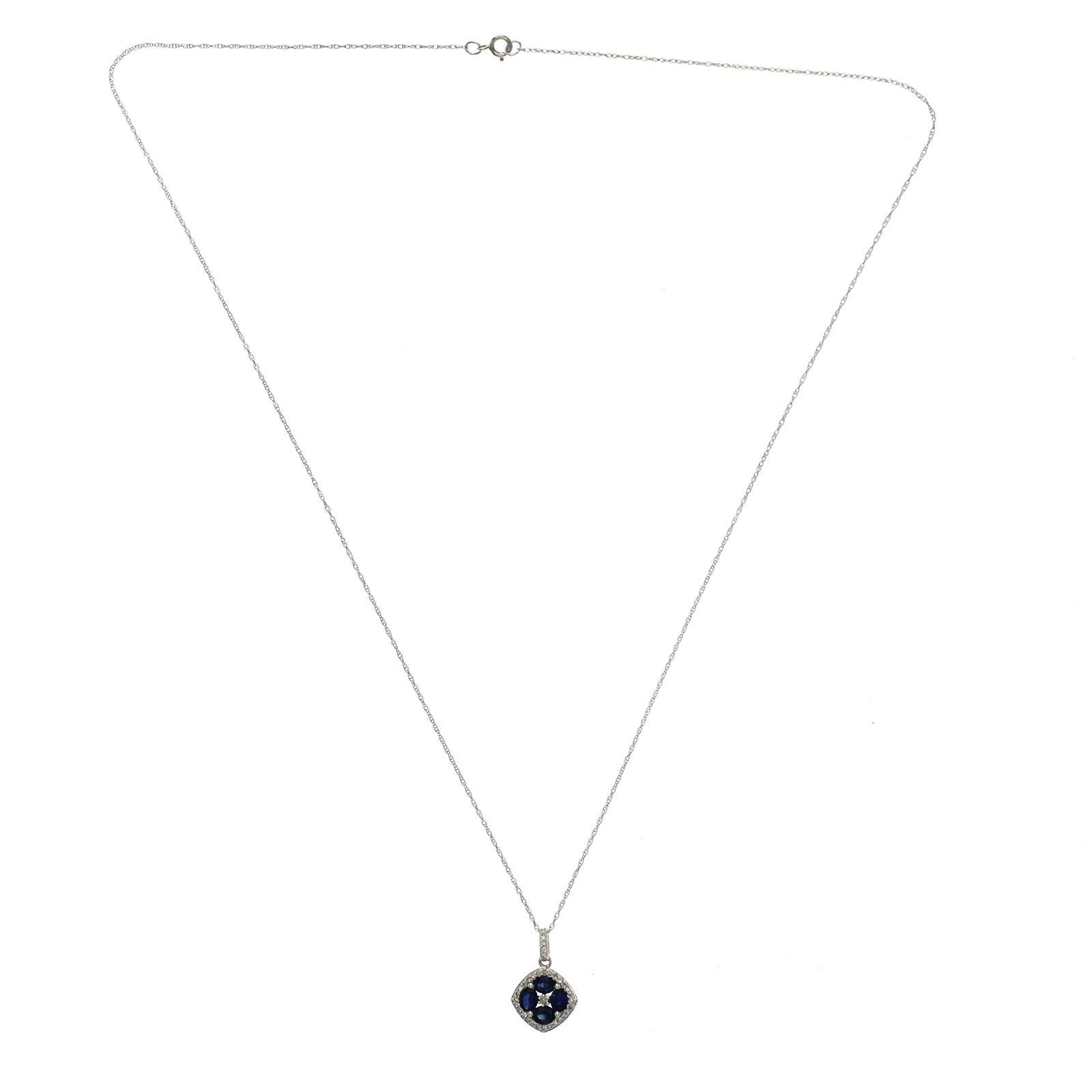 1.20 CT Natural Blue Sapphire 0.15CT Diamond 14K White Gold Pendant Necklace In Excellent Condition For Sale In Los Angeles, CA