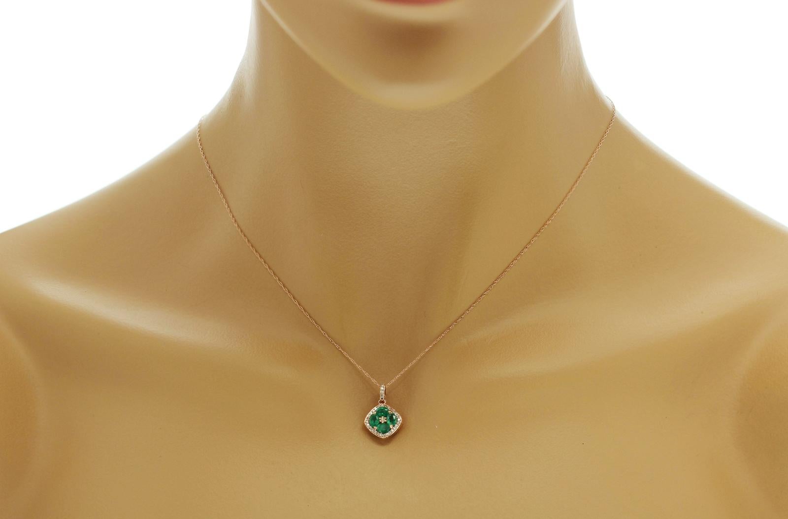 100% Authentic, 100% Customer Satisfaction

Pendant: 12 mm

Chain: 0.5mm

Size: 18 Inches

Metal: 14K Rose Gold

Hallmarks: 14K

Total Weight: 1.6 Grams

Stone Type: 1.20 CT Natural Emerald &  Diamond 0.15 CT  H  SI1

Condition: New With Tag 