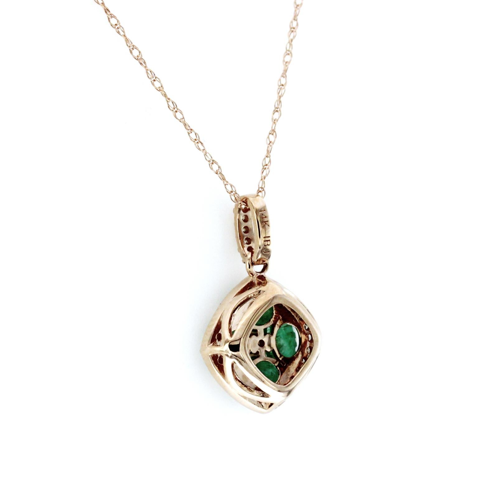 Round Cut 1.20 CT Natural Emerald 0.15CT Diamond 14K Rose Gold Pendant Necklace