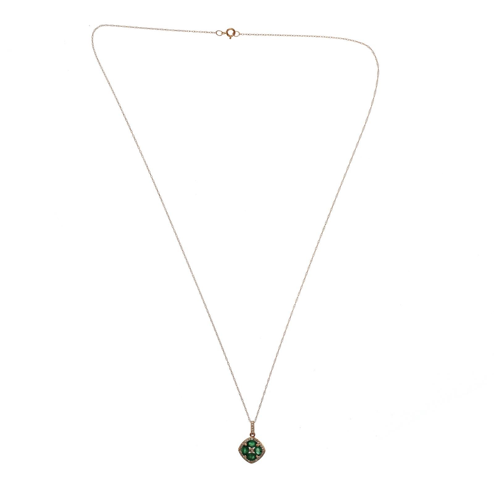 1.20 CT Natural Emerald 0.15CT Diamond 14K Rose Gold Pendant Necklace In Excellent Condition In Los Angeles, CA