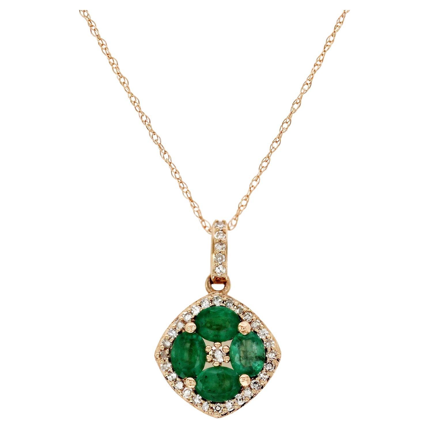 1.20 CT Natural Emerald 0.15CT Diamond 14K Rose Gold Pendant Necklace