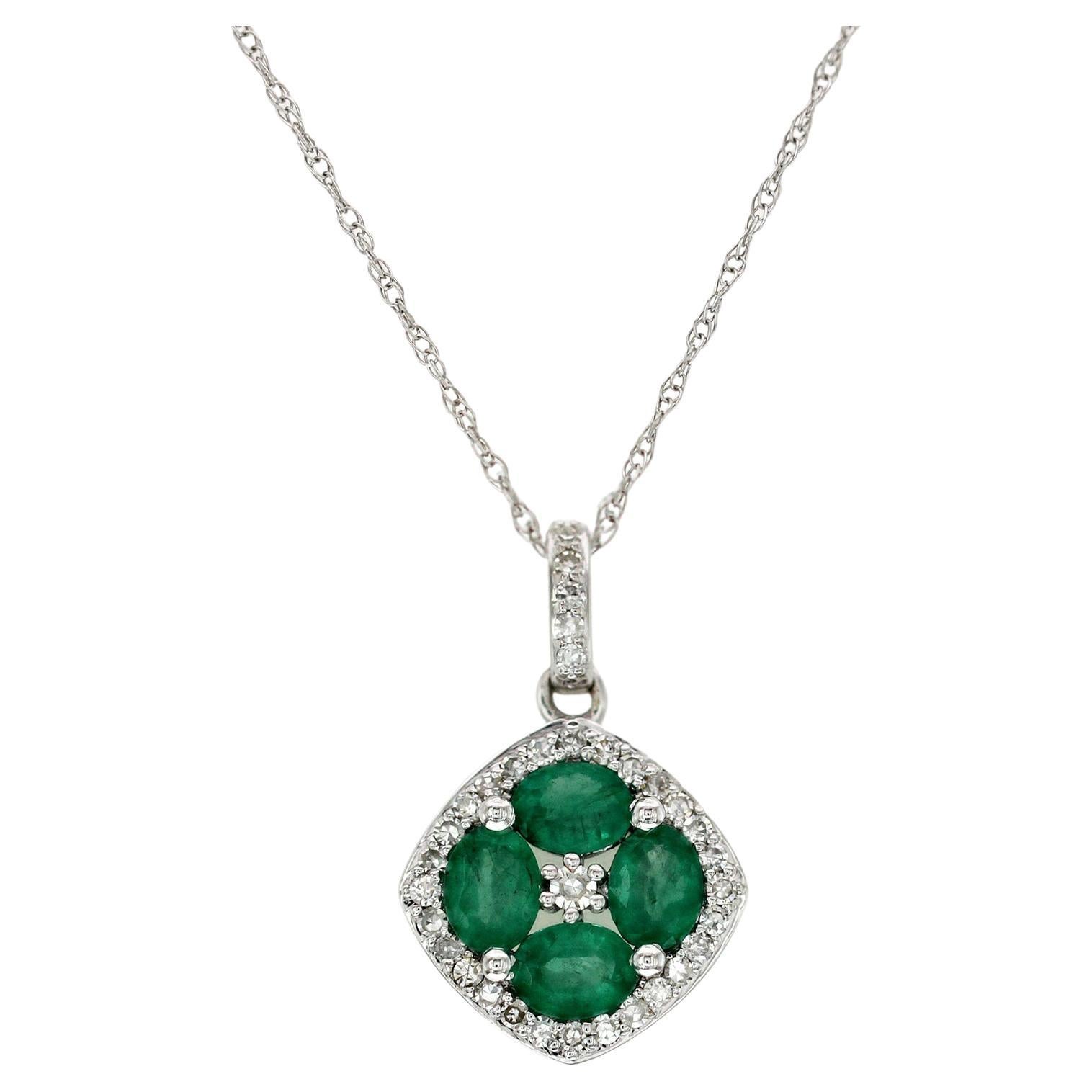 1.20 CT Natural Emerald 0.15CT Diamond 14K White Gold Pendant Necklace For Sale