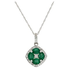 1.20 CT Natural Emerald 0.15CT Diamond 14K White Gold Pendant Necklace