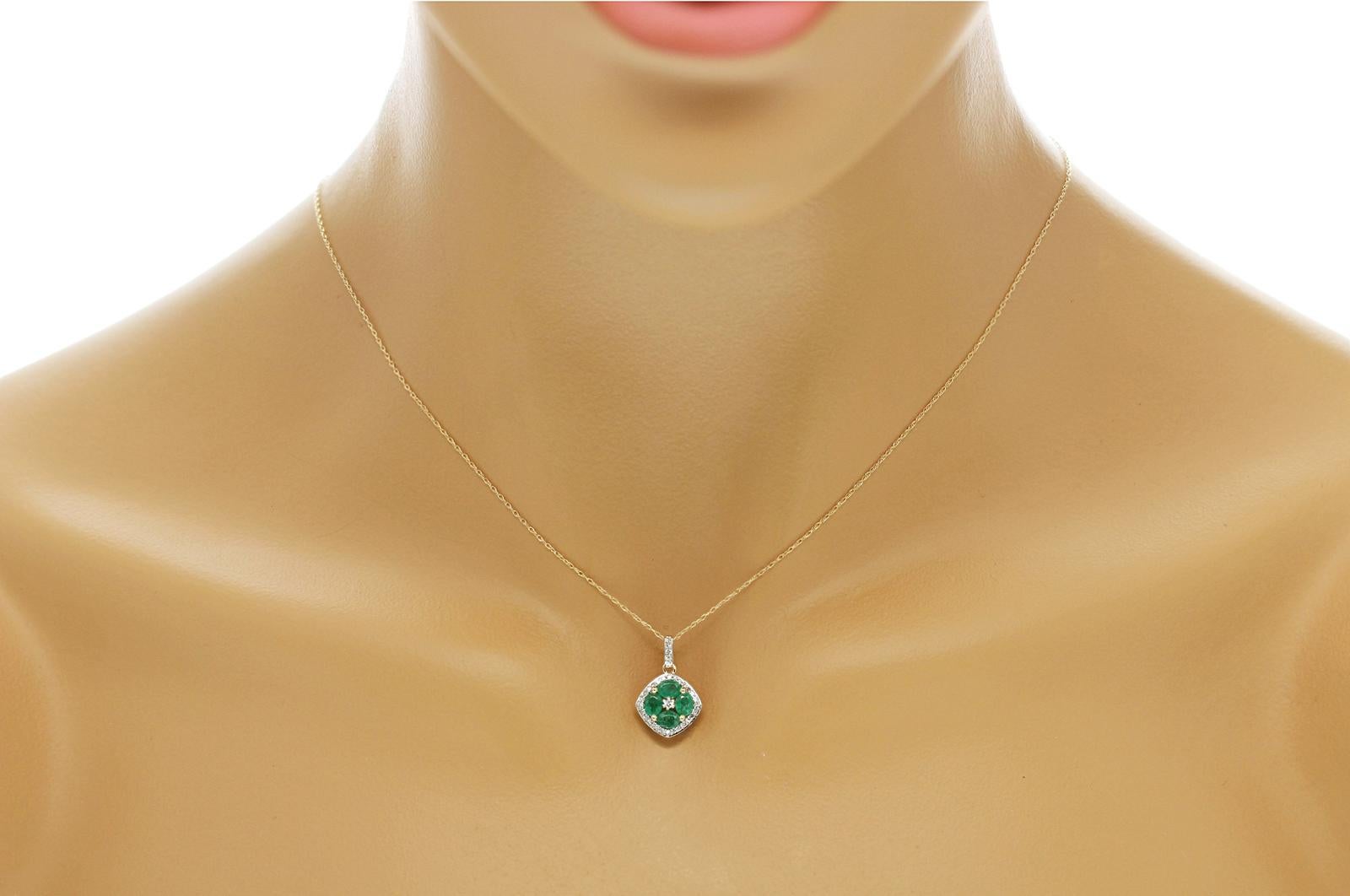 100% Authentic, 100% Customer Satisfaction

Pendant: 12 mm

Chain: 0.5mm

Size: 18 Inches

Metal: 14K Yellow Gold

Hallmarks: 14K

Total Weight: 1.6 Grams

Stone Type: 1.20 CT Natural Emerald &  Diamond 0.15 CT  H  SI1

Condition: New With Tag