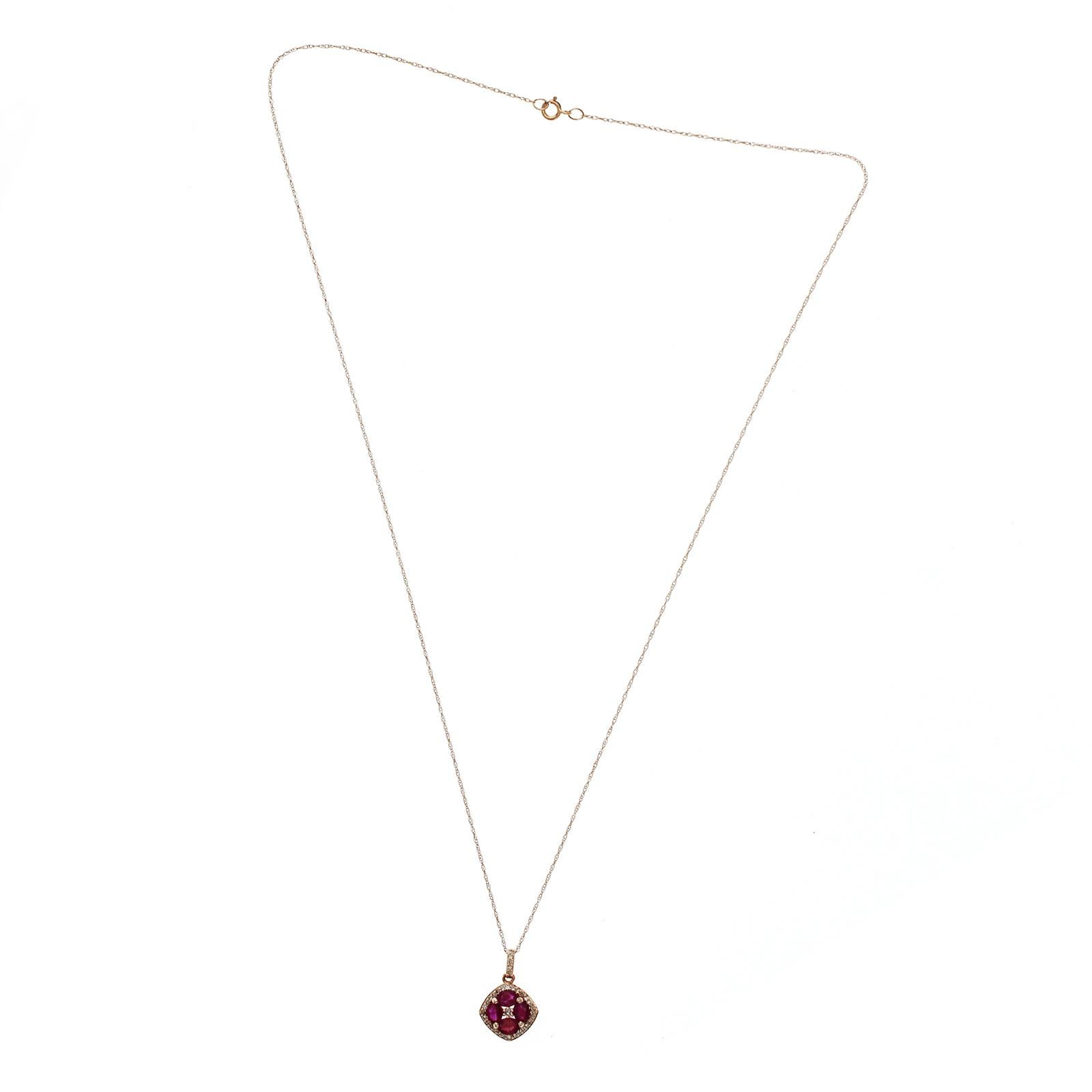 100% Authentic, 100% Customer Satisfaction

Pendant: 12 mm

Chain: 0.5mm

Size: 18 Inches

Metal: 14K Rose Gold

Hallmarks: 14K

Total Weight: 1.6 Grams

Stone Type: 1.20 CT Natural Ruby &  Diamond 0.15 CT  H  SI1

Condition: New With Tag 