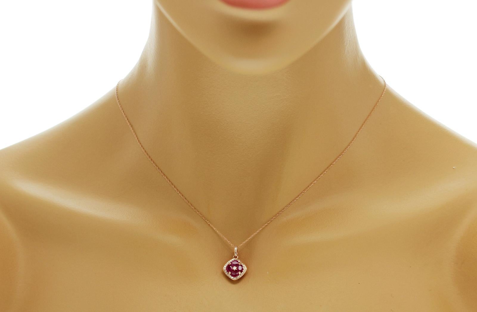 1.20 CT Natural Ruby 0.15CT Diamond 14K Rose Gold Pendant Necklace In Excellent Condition For Sale In Los Angeles, CA