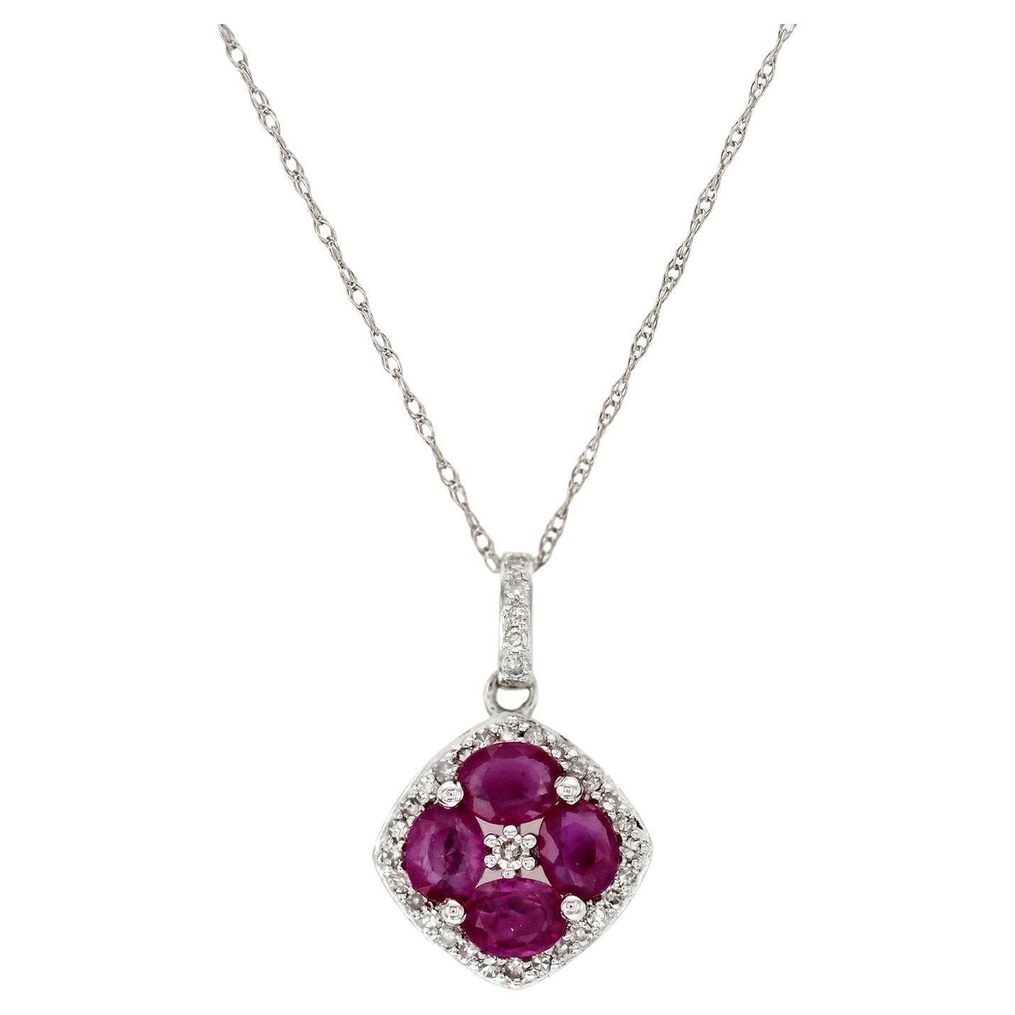 1.20 CT Natural Ruby 0.15CT Diamond 14K White Gold Pendant Necklace For Sale