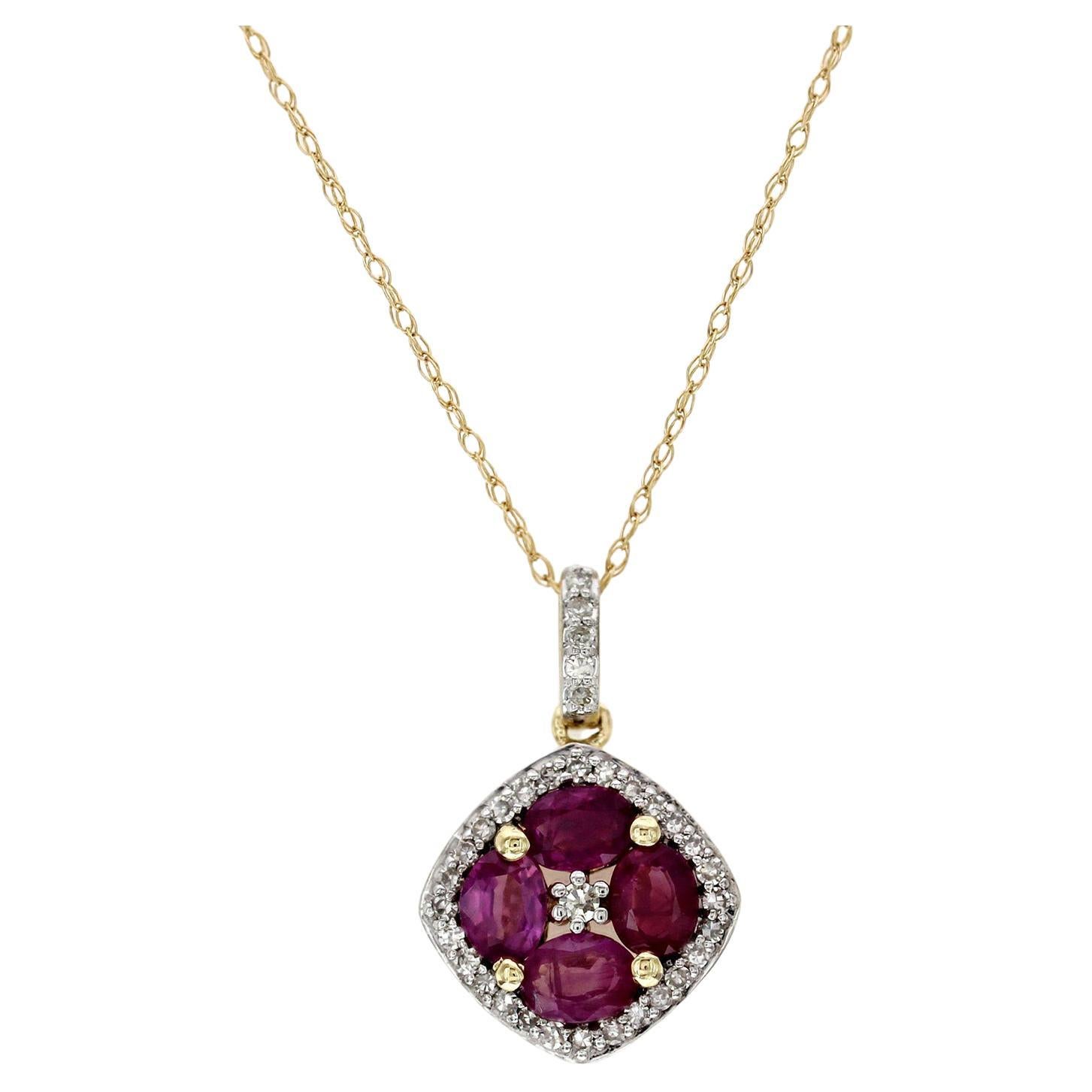 1.20 CT Natural Ruby 0.15CT Diamond 14K Yellow Gold Pendant Necklace For Sale